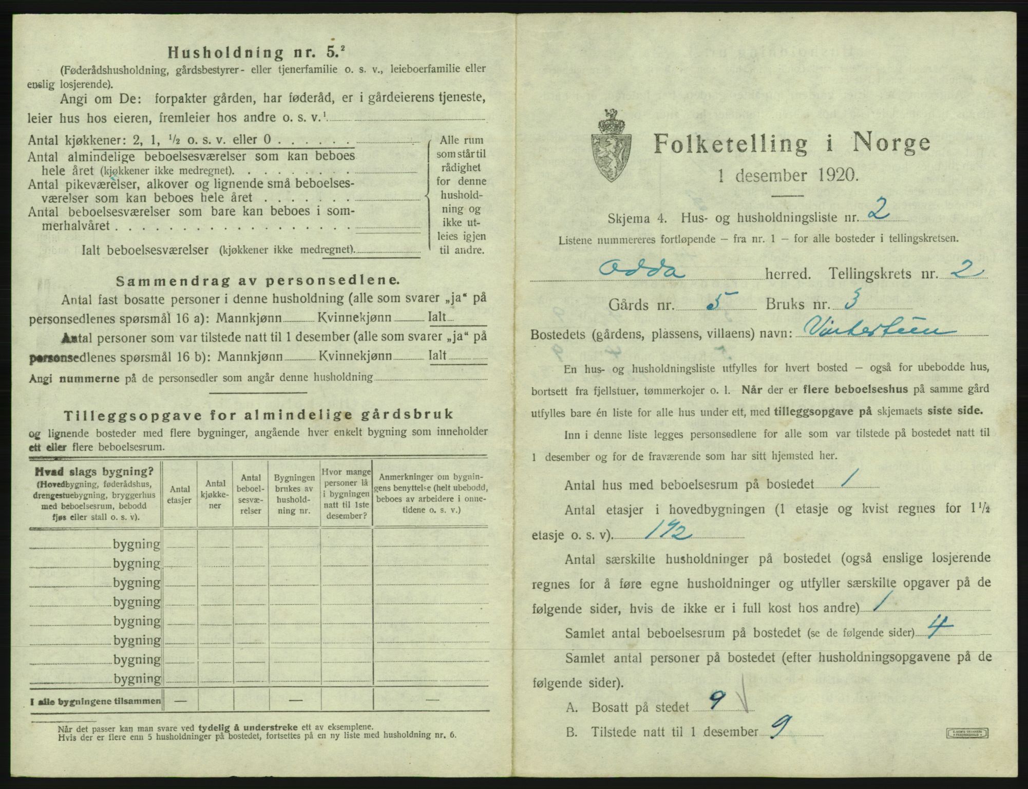 SAB, 1920 census for Odda, 1920, p. 178