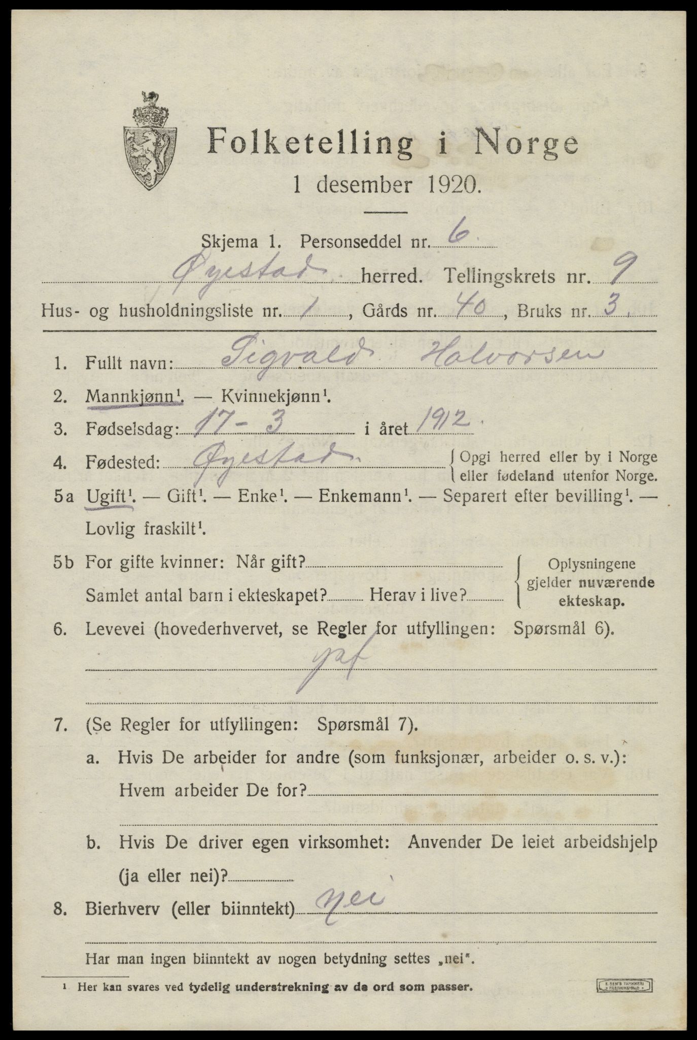 SAK, 1920 census for Øyestad, 1920, p. 5922