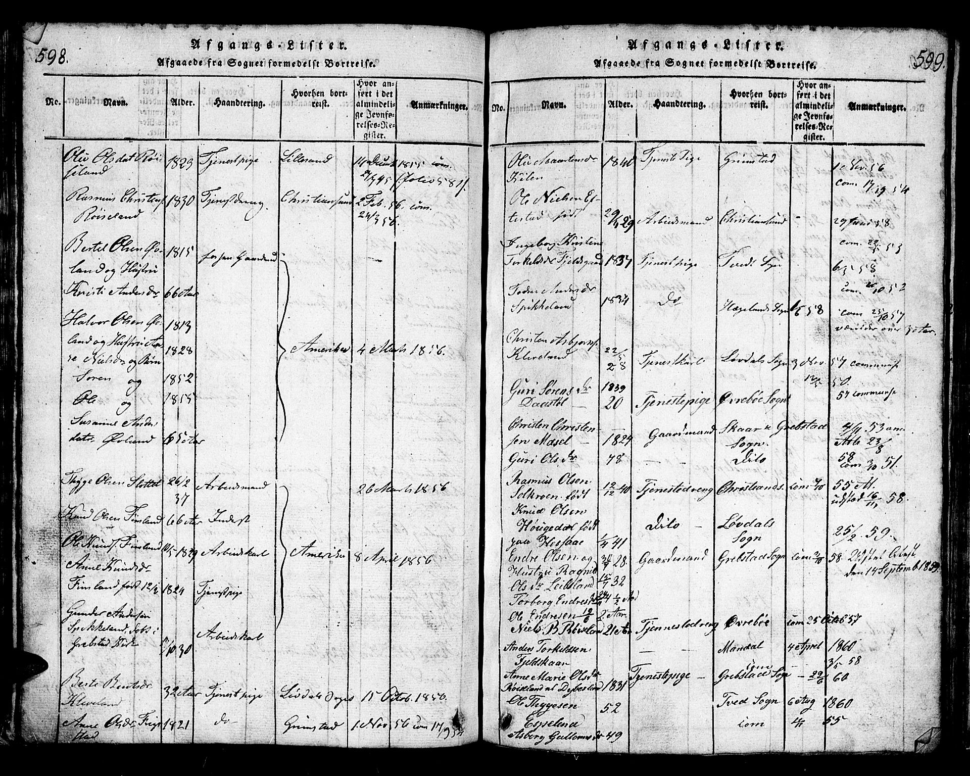 Bjelland sokneprestkontor, AV/SAK-1111-0005/F/Fb/Fbb/L0003: Parish register (copy) no. B 3, 1816-1868, p. 598-599