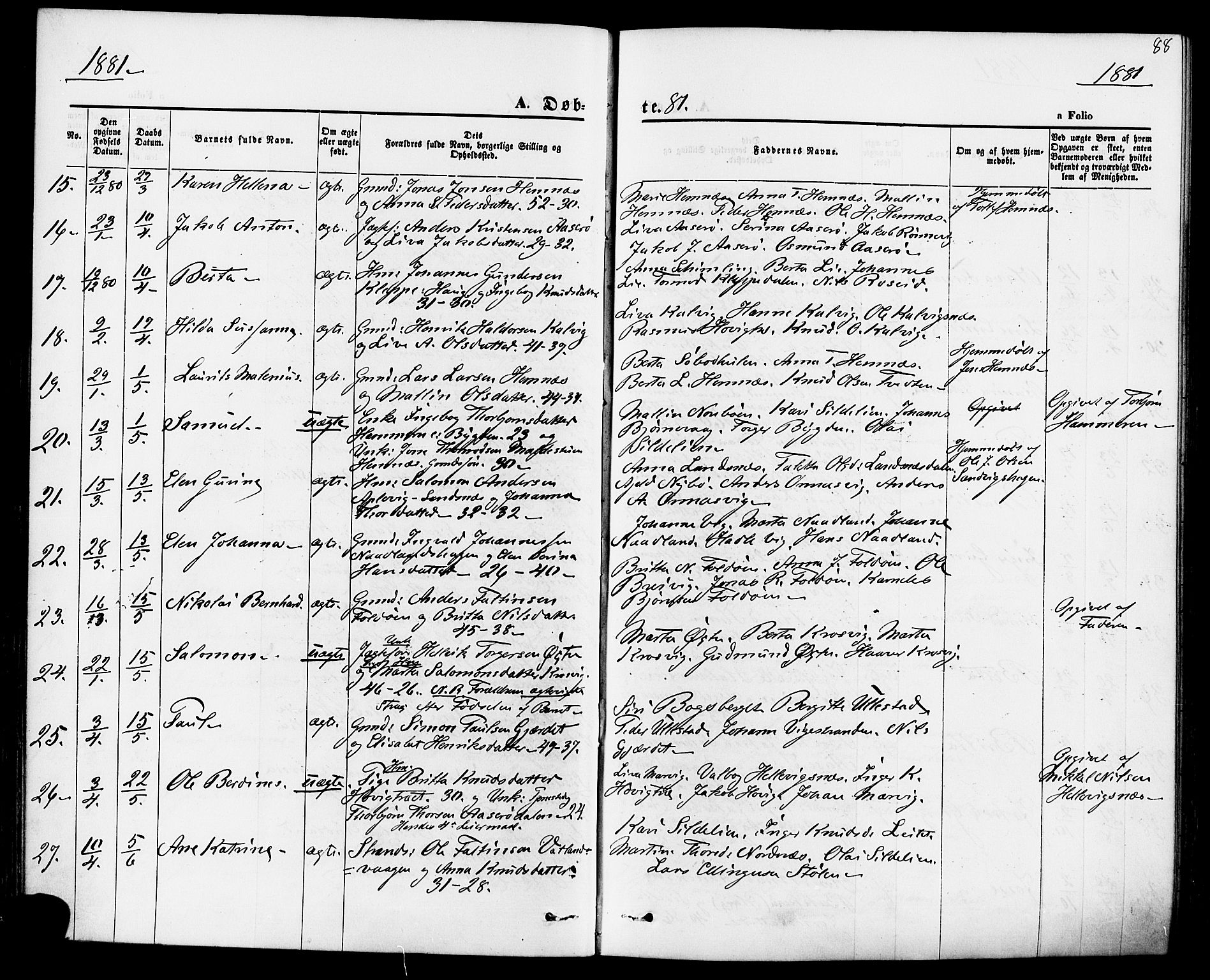 Jelsa sokneprestkontor, AV/SAST-A-101842/01/IV: Parish register (official) no. A 8, 1867-1883, p. 88