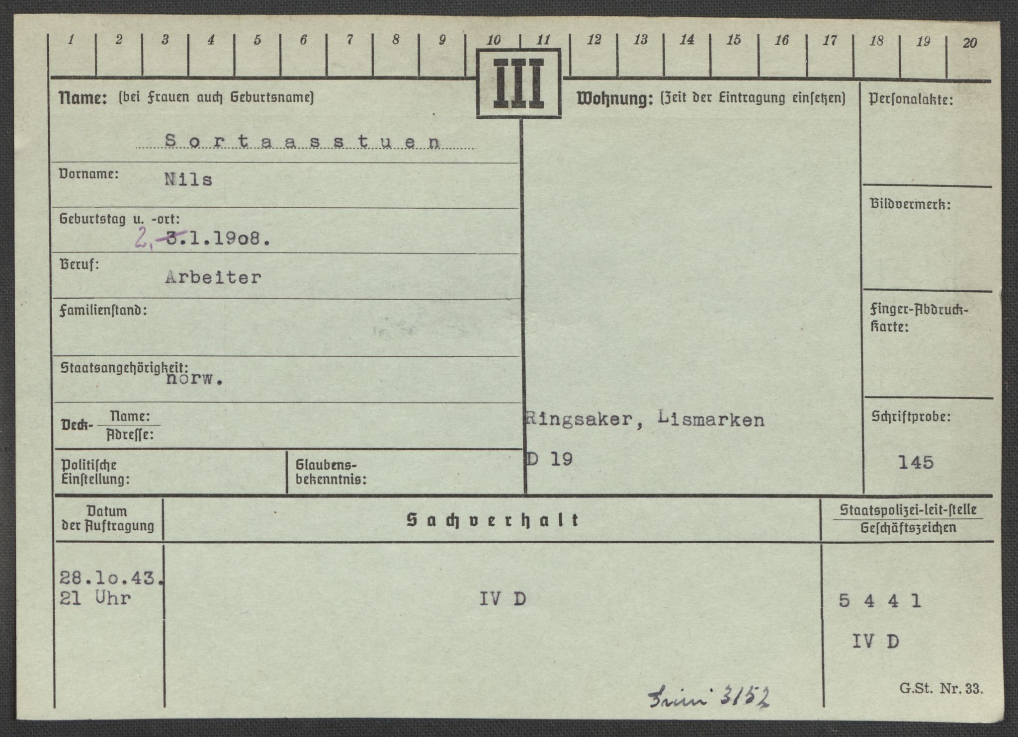 Befehlshaber der Sicherheitspolizei und des SD, AV/RA-RAFA-5969/E/Ea/Eaa/L0009: Register over norske fanger i Møllergata 19: Ru-Sy, 1940-1945, p. 1074