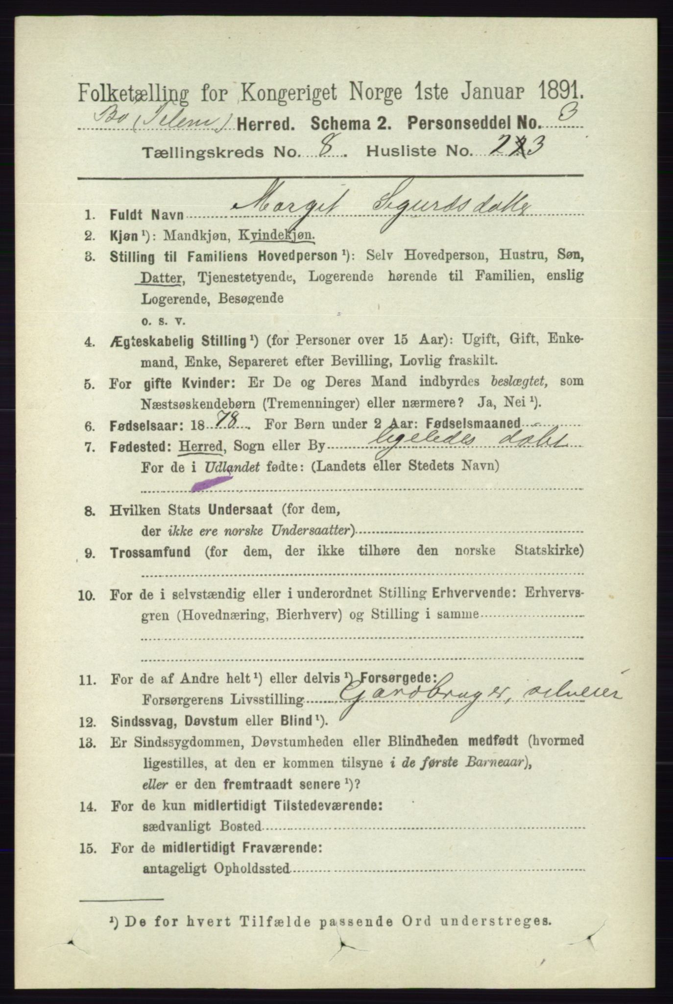 RA, 1891 census for 0821 Bø, 1891, p. 2677