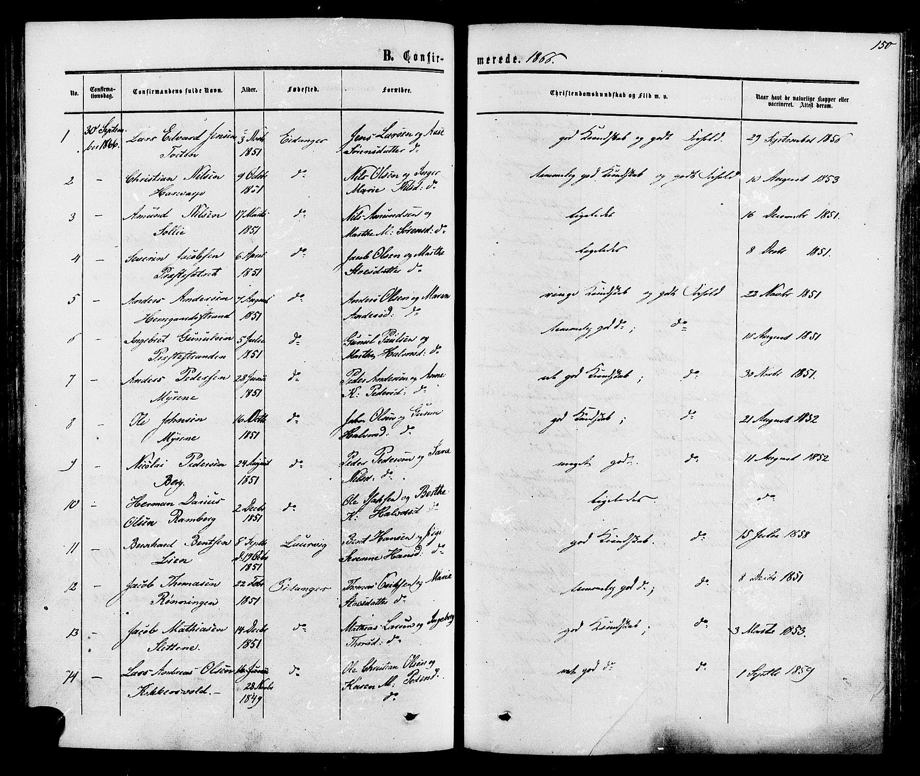 Eidanger kirkebøker, SAKO/A-261/F/Fa/L0010: Parish register (official) no. 10, 1859-1874, p. 150