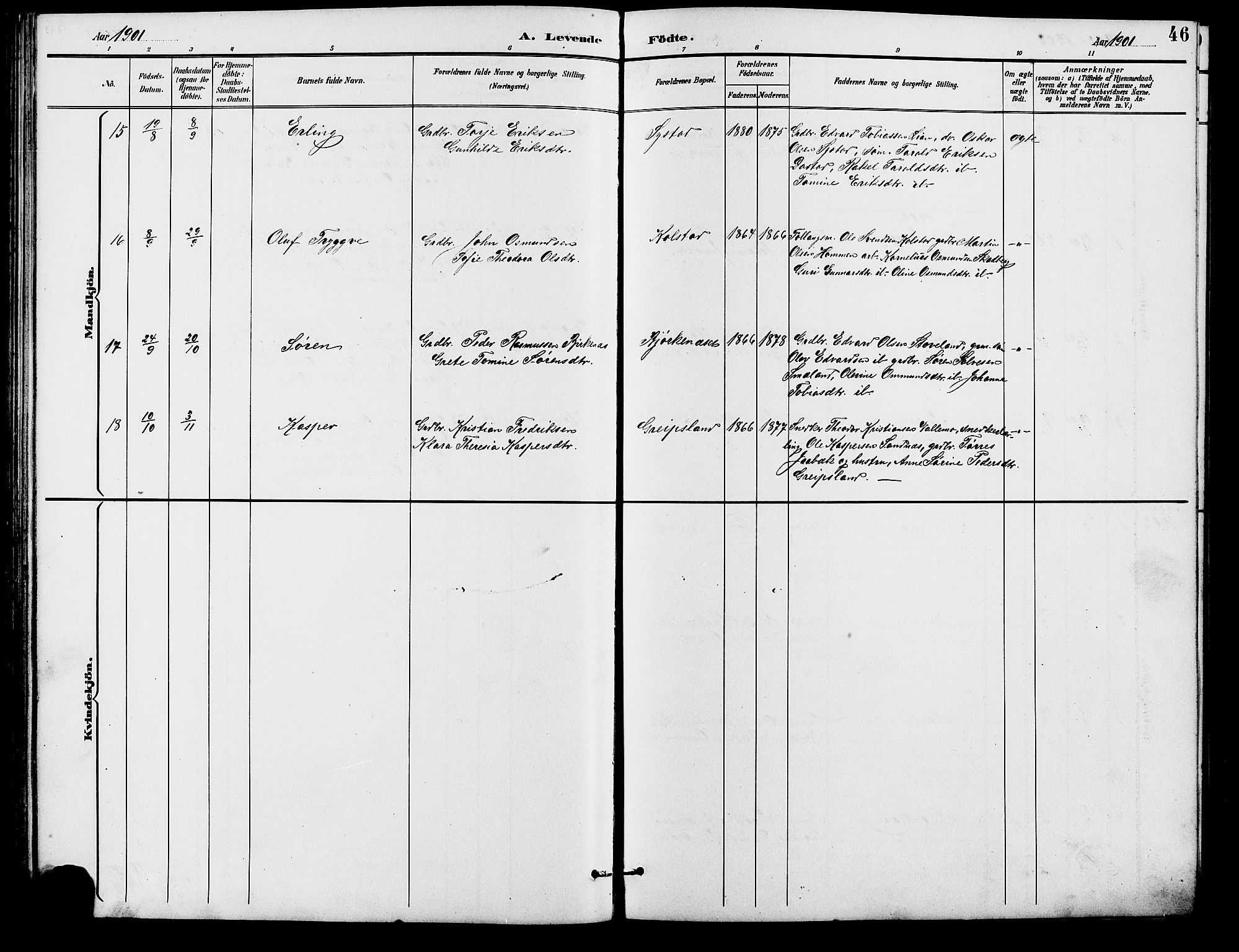 Holum sokneprestkontor, SAK/1111-0022/F/Fb/Fba/L0005: Parish register (copy) no. B 5, 1891-1909, p. 46