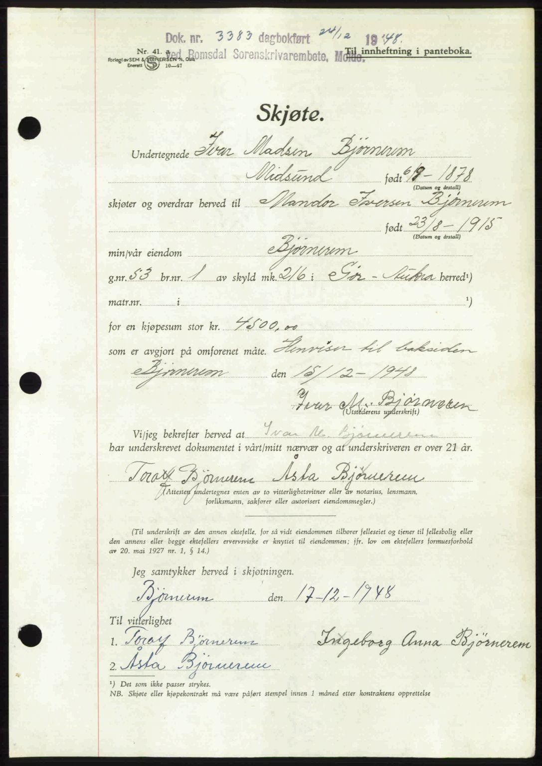 Romsdal sorenskriveri, AV/SAT-A-4149/1/2/2C: Mortgage book no. A28, 1948-1949, Diary no: : 3383/1948