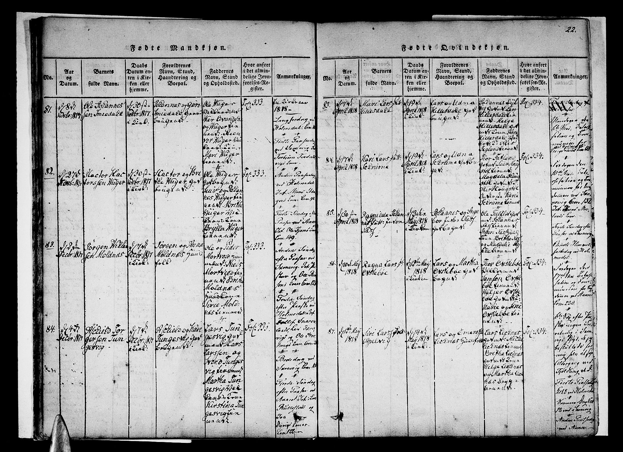 Skånevik sokneprestembete, SAB/A-77801/H/Haa: Parish register (official) no. A 3, 1815-1828, p. 22