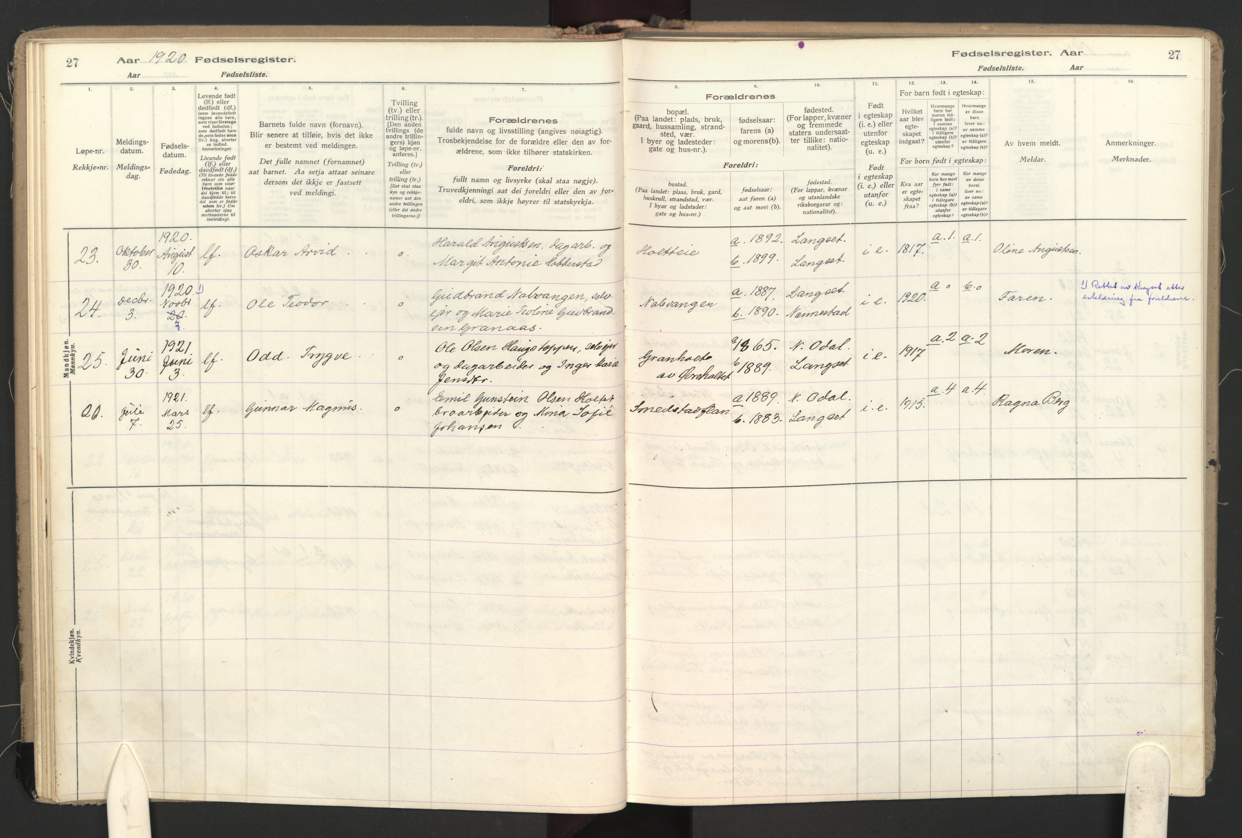 Eidsvoll prestekontor Kirkebøker, SAO/A-10888: Birth register no. II 1, 1916-1959, p. 27