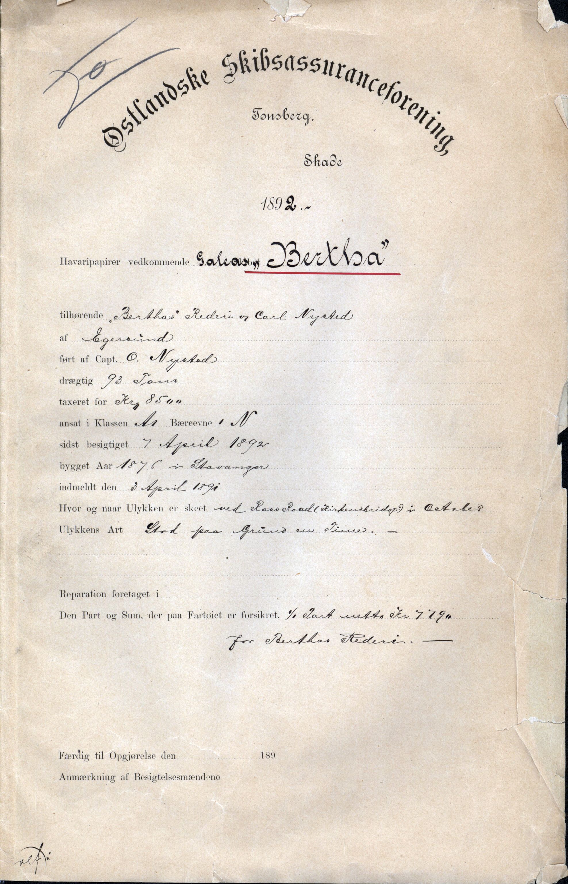 Pa 63 - Østlandske skibsassuranceforening, VEMU/A-1079/G/Ga/L0028/0001: Havaridokumenter / Kaleb, Cuba, Agra, Bertha, Olaf, 1892, p. 70