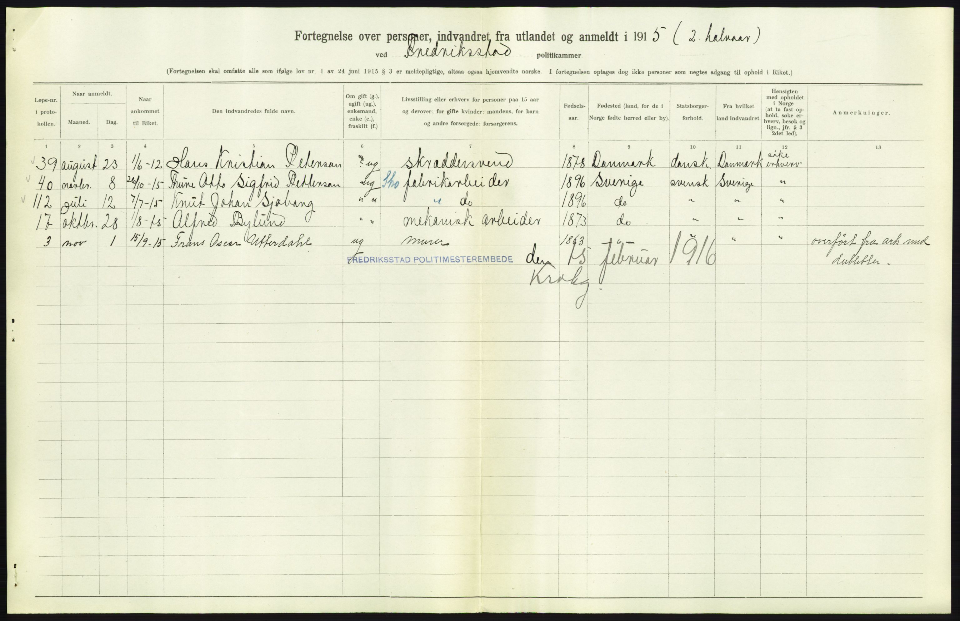 Statistisk sentralbyrå, Sosioøkonomiske emner, Folketellinger, boliger og boforhold, AV/RA-S-2231/F/Fa/L0001: Innvandring. Navn/fylkesvis, 1915, p. 149