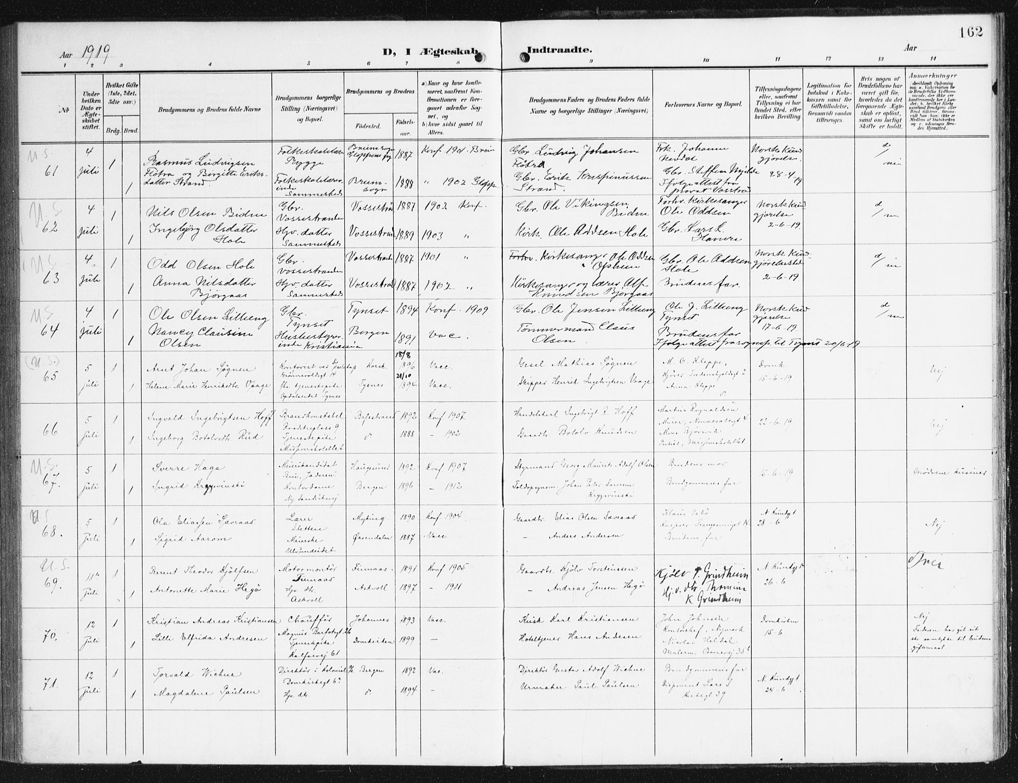 Domkirken sokneprestembete, SAB/A-74801/H/Haa/L0038: Parish register (official) no. D 5, 1906-1921, p. 162