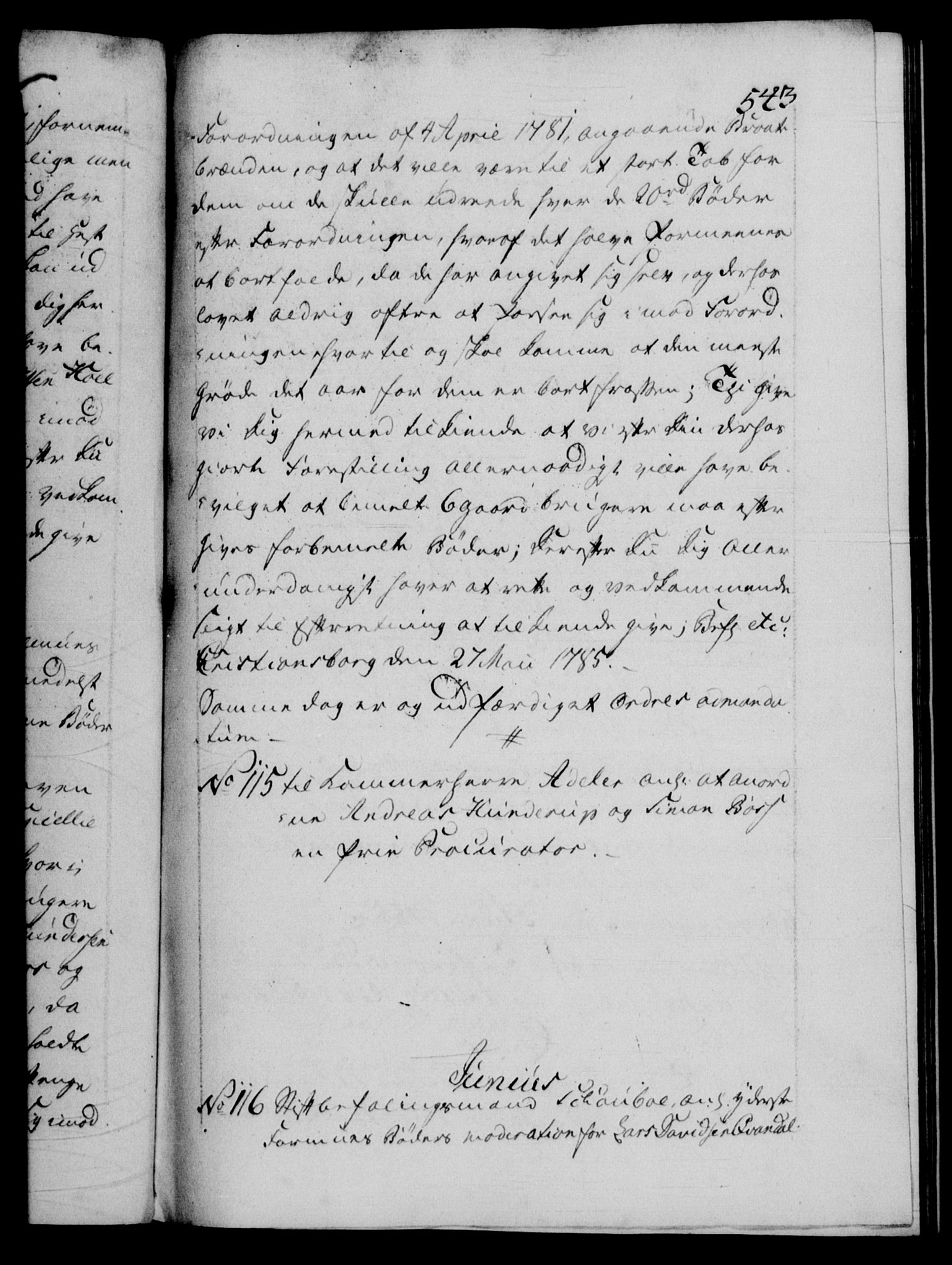 Danske Kanselli 1572-1799, AV/RA-EA-3023/F/Fc/Fca/Fcab/L0043: Norske tegnelser, 1782-1786, p. 543a