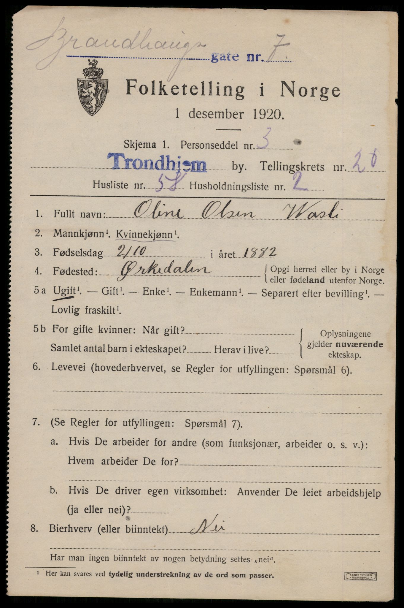 SAT, 1920 census for Trondheim, 1920, p. 61030