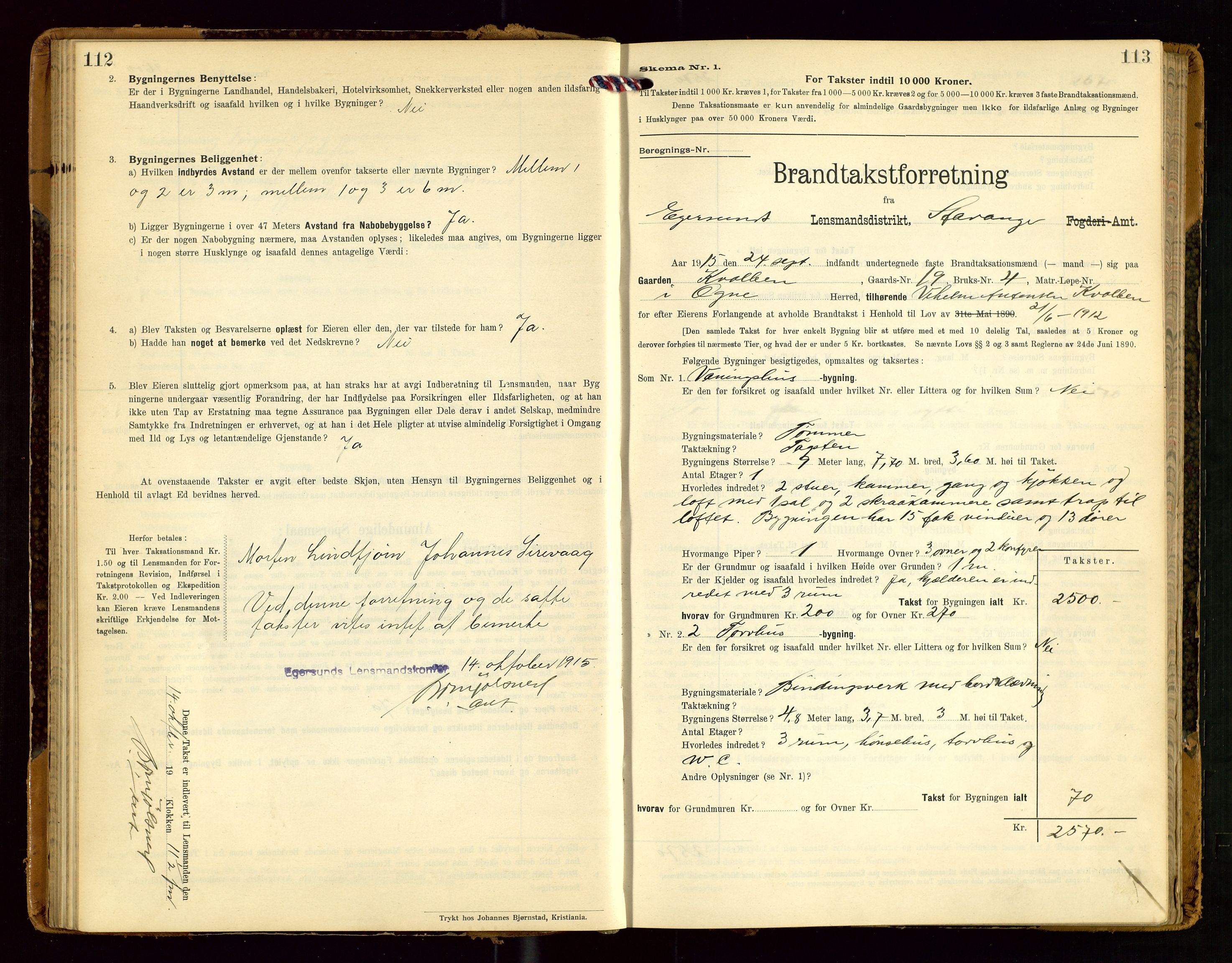 Eigersund lensmannskontor, SAST/A-100171/Gob/L0002: "Brandtakstprotokol", 1910-1916, p. 112-113