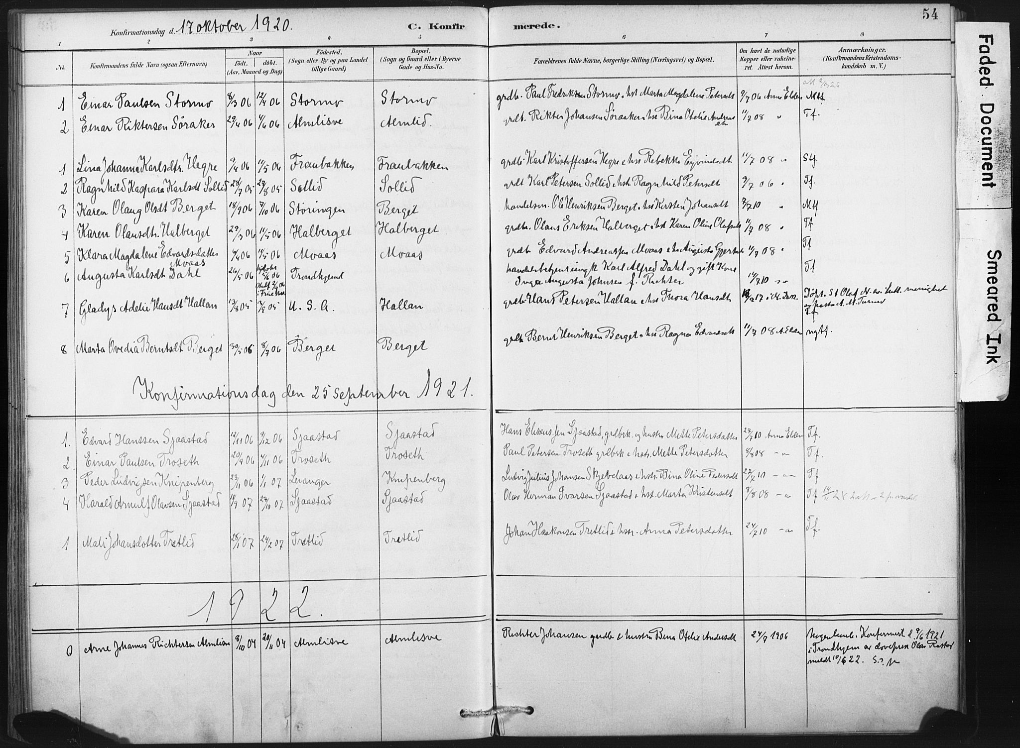 Ministerialprotokoller, klokkerbøker og fødselsregistre - Nord-Trøndelag, AV/SAT-A-1458/718/L0175: Parish register (official) no. 718A01, 1890-1923, p. 54