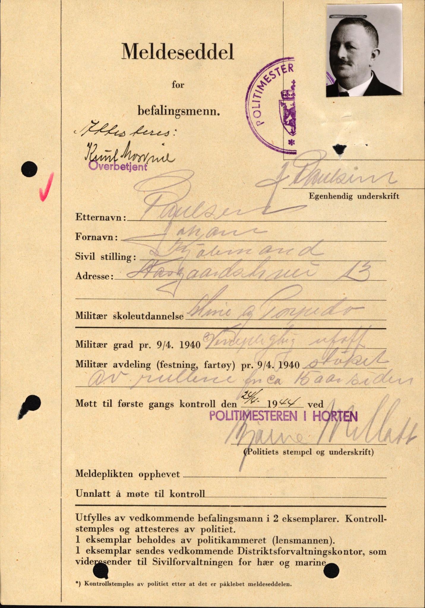 Forsvaret, Forsvarets krigshistoriske avdeling, AV/RA-RAFA-2017/Y/Yf/L0209: II-C-11-2121  -  Okkupasjonstiden.  Meldesedler for befal med foto og oppl. om militær grad 9. apr. 1940., 1944-1945, p. 500