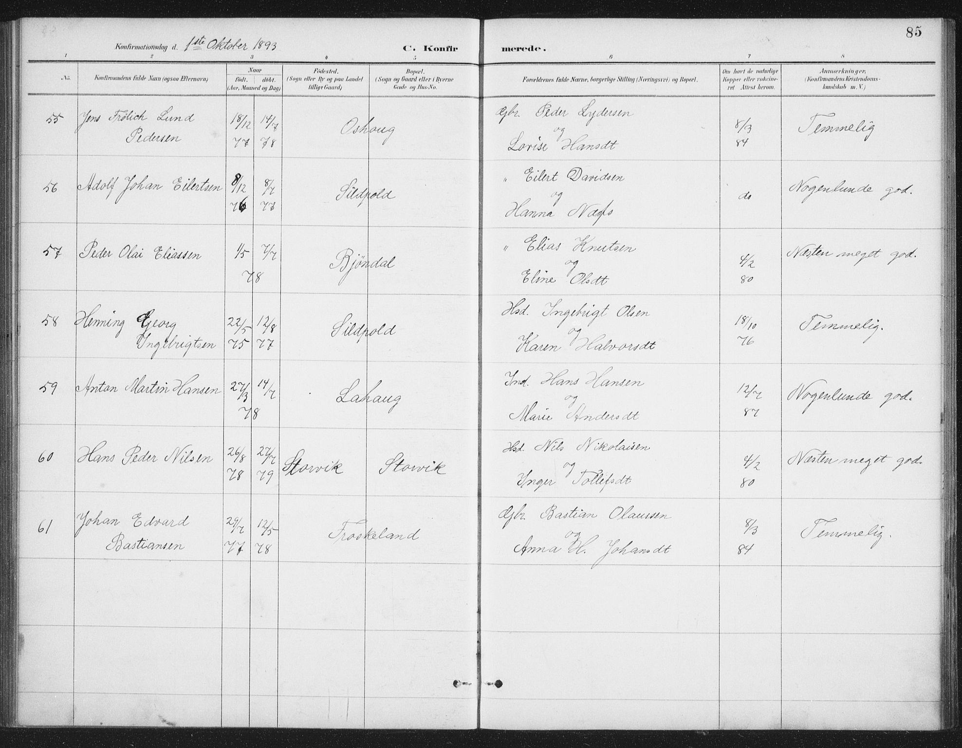 Ministerialprotokoller, klokkerbøker og fødselsregistre - Nordland, AV/SAT-A-1459/888/L1245: Parish register (official) no. 888A11, 1888-1900, p. 85