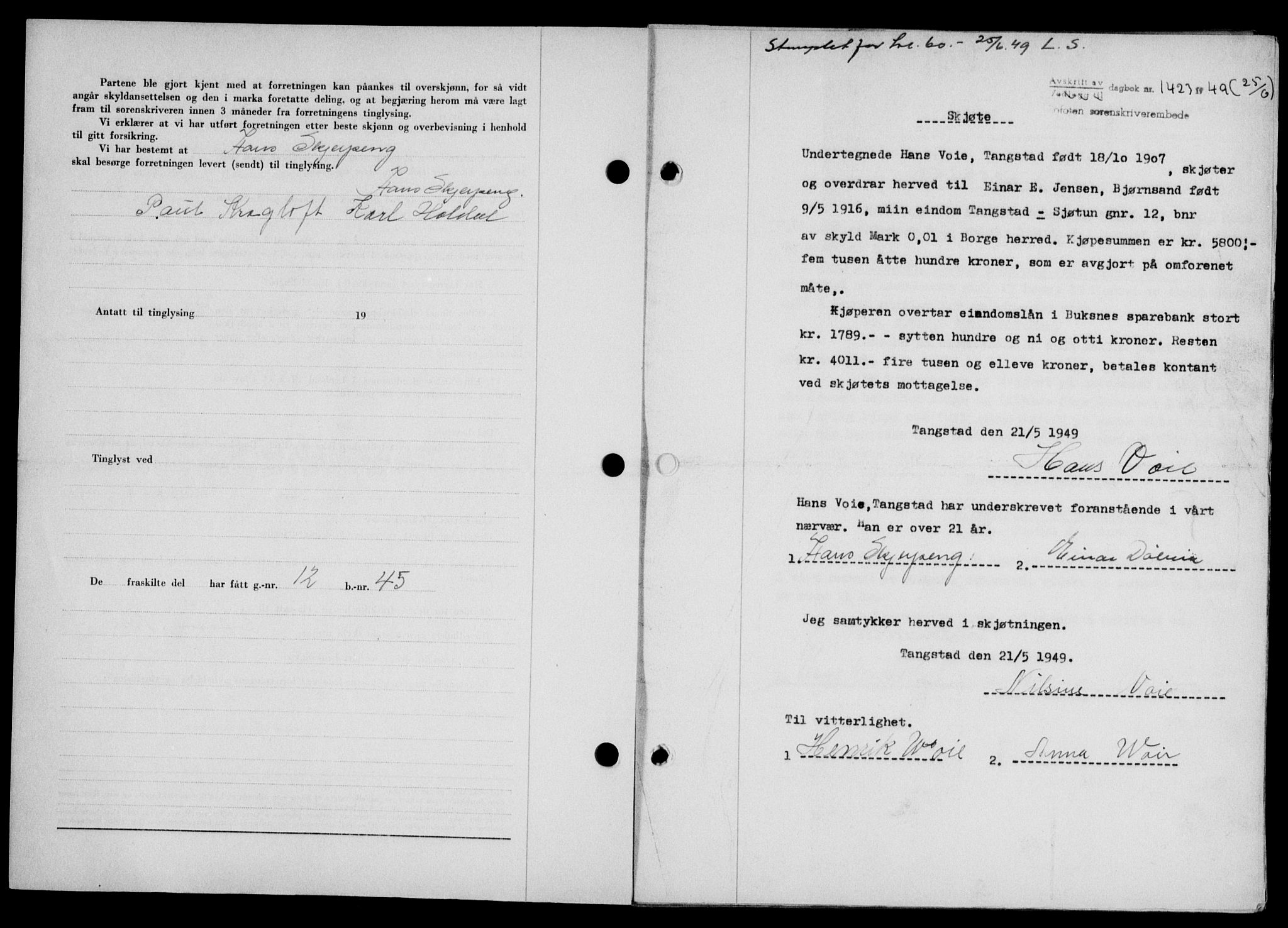 Lofoten sorenskriveri, SAT/A-0017/1/2/2C/L0021a: Mortgage book no. 21a, 1949-1949, Diary no: : 1423/1949