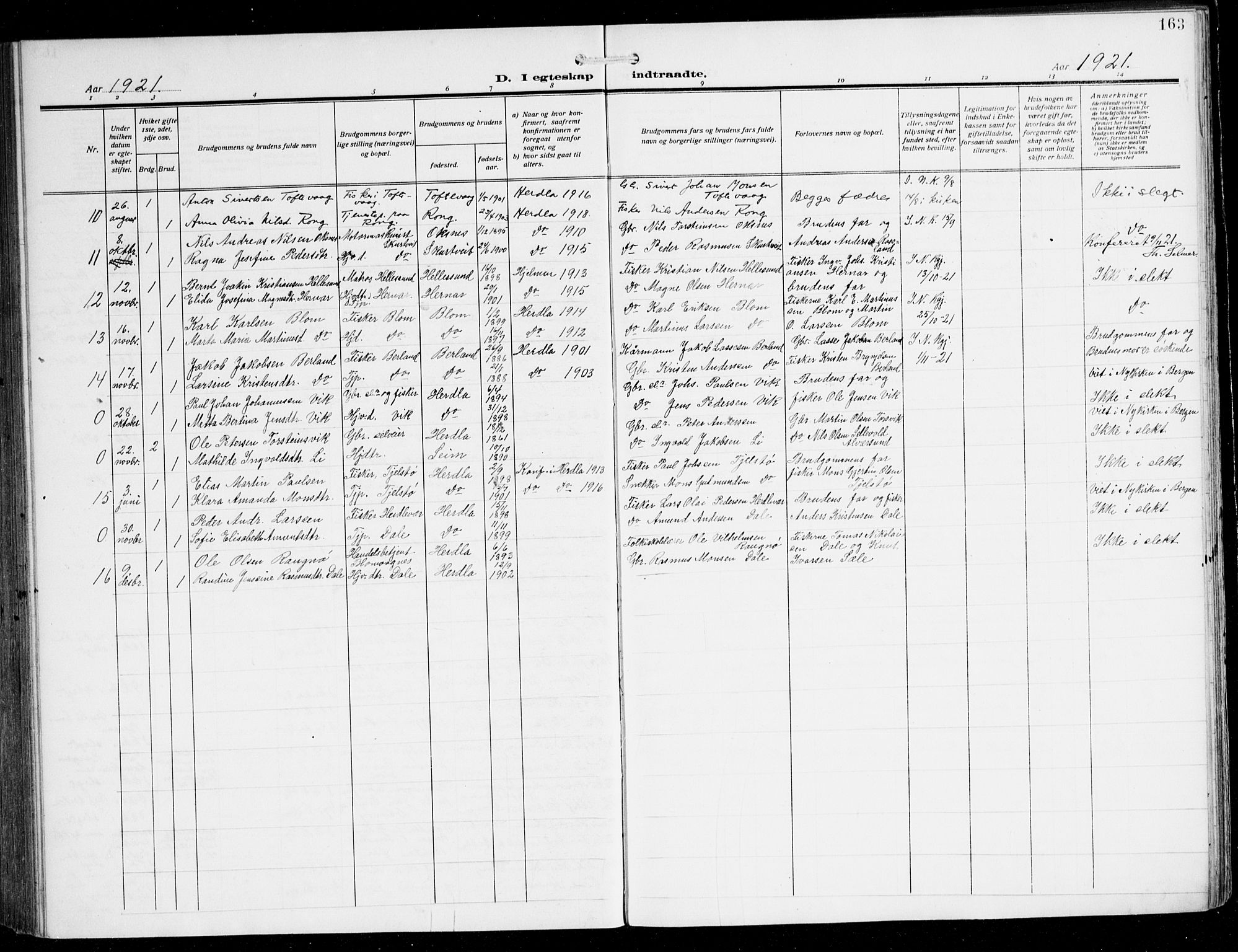 Herdla Sokneprestembete, AV/SAB-A-75701/H/Hab: Parish register (copy) no. C 2, 1913-1926, p. 163