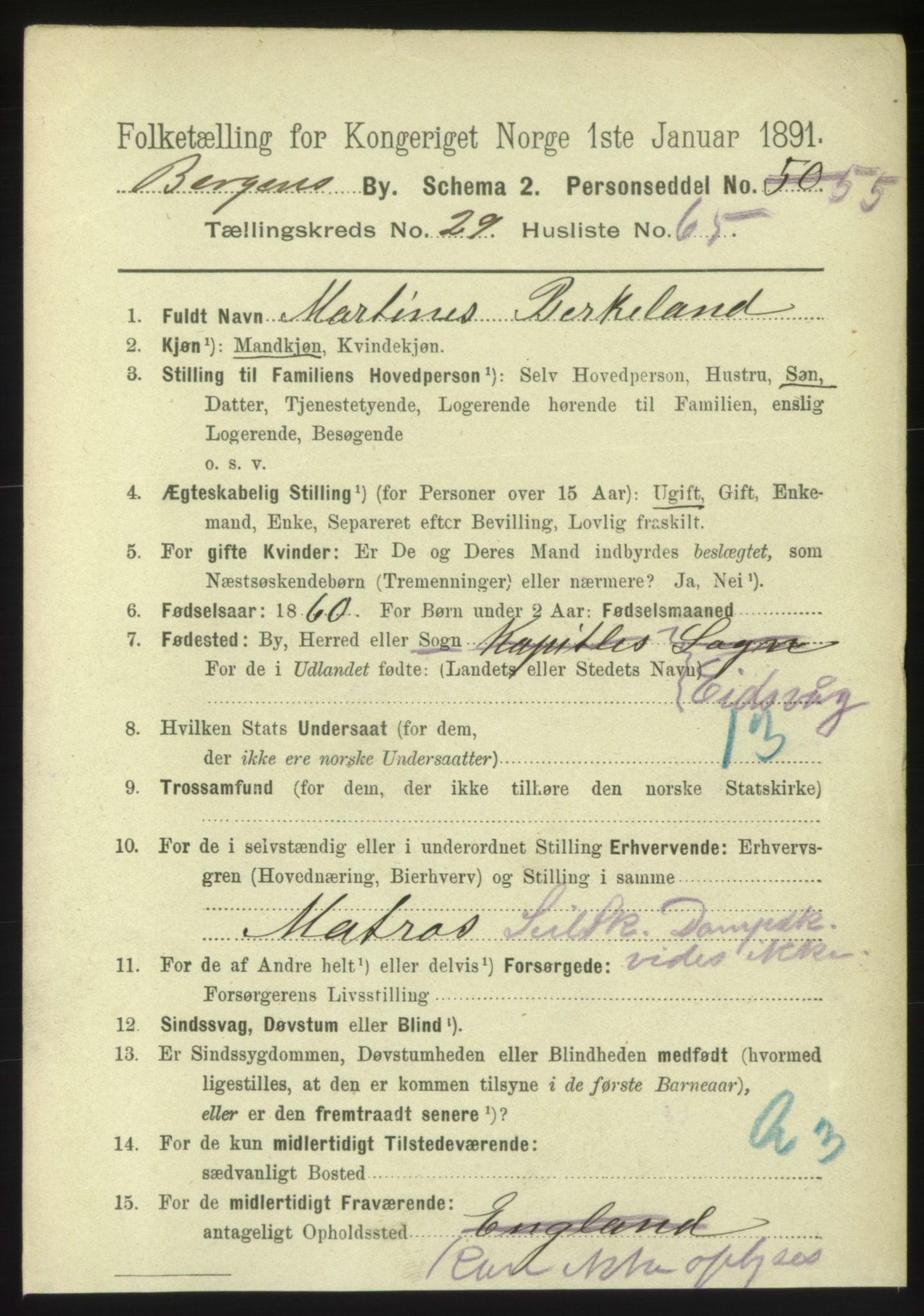 RA, 1891 Census for 1301 Bergen, 1891, p. 38098