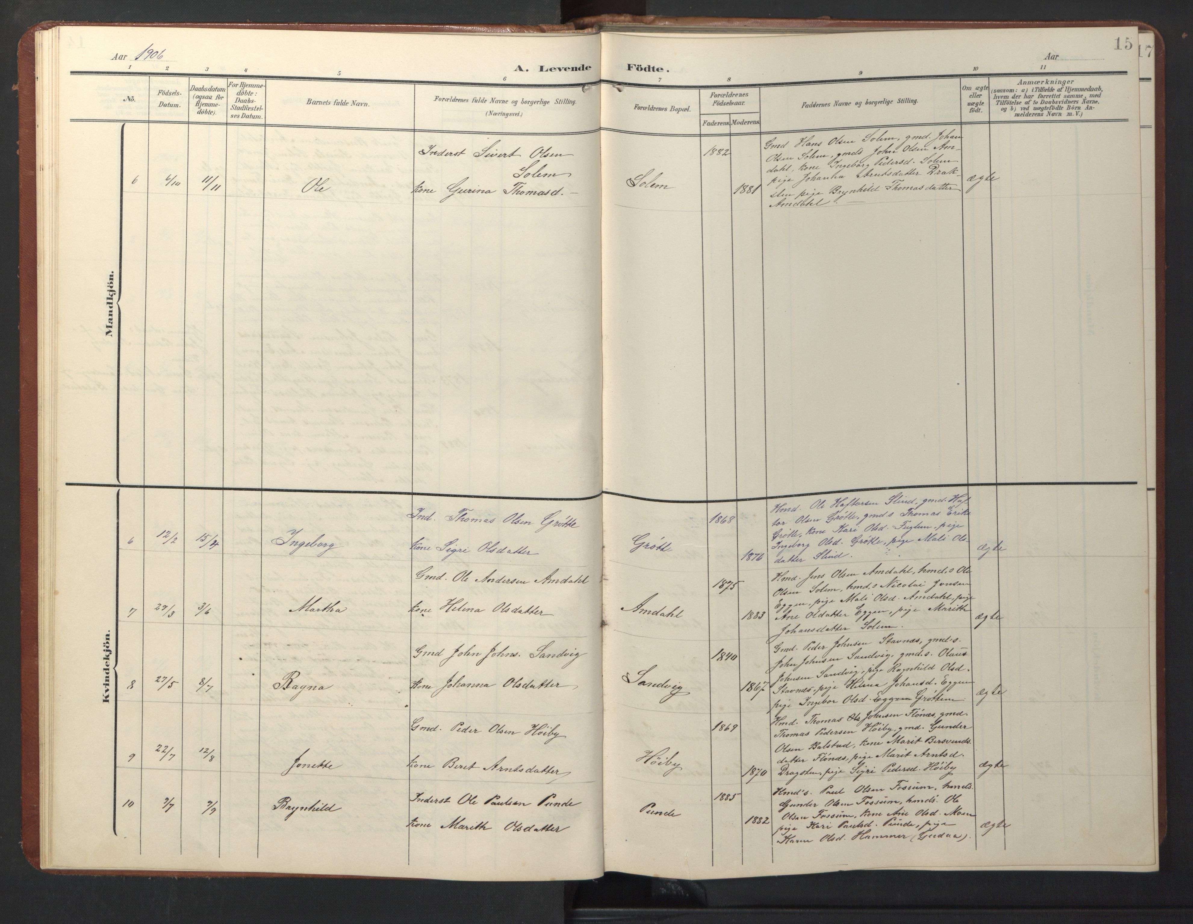 Ministerialprotokoller, klokkerbøker og fødselsregistre - Sør-Trøndelag, SAT/A-1456/696/L1161: Parish register (copy) no. 696C01, 1902-1950, p. 15