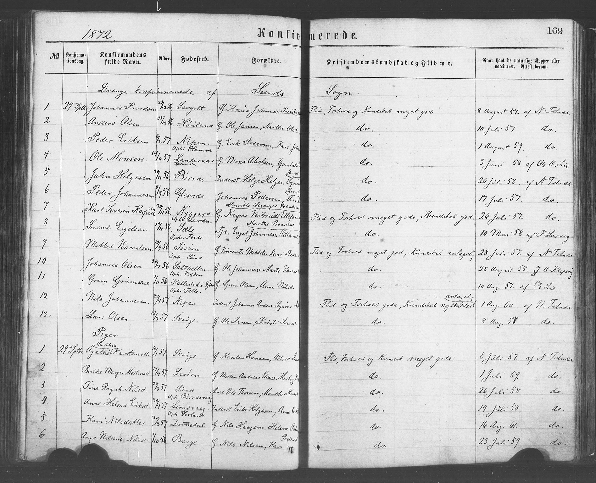Sund sokneprestembete, SAB/A-99930: Parish register (official) no. A 15, 1867-1881, p. 169