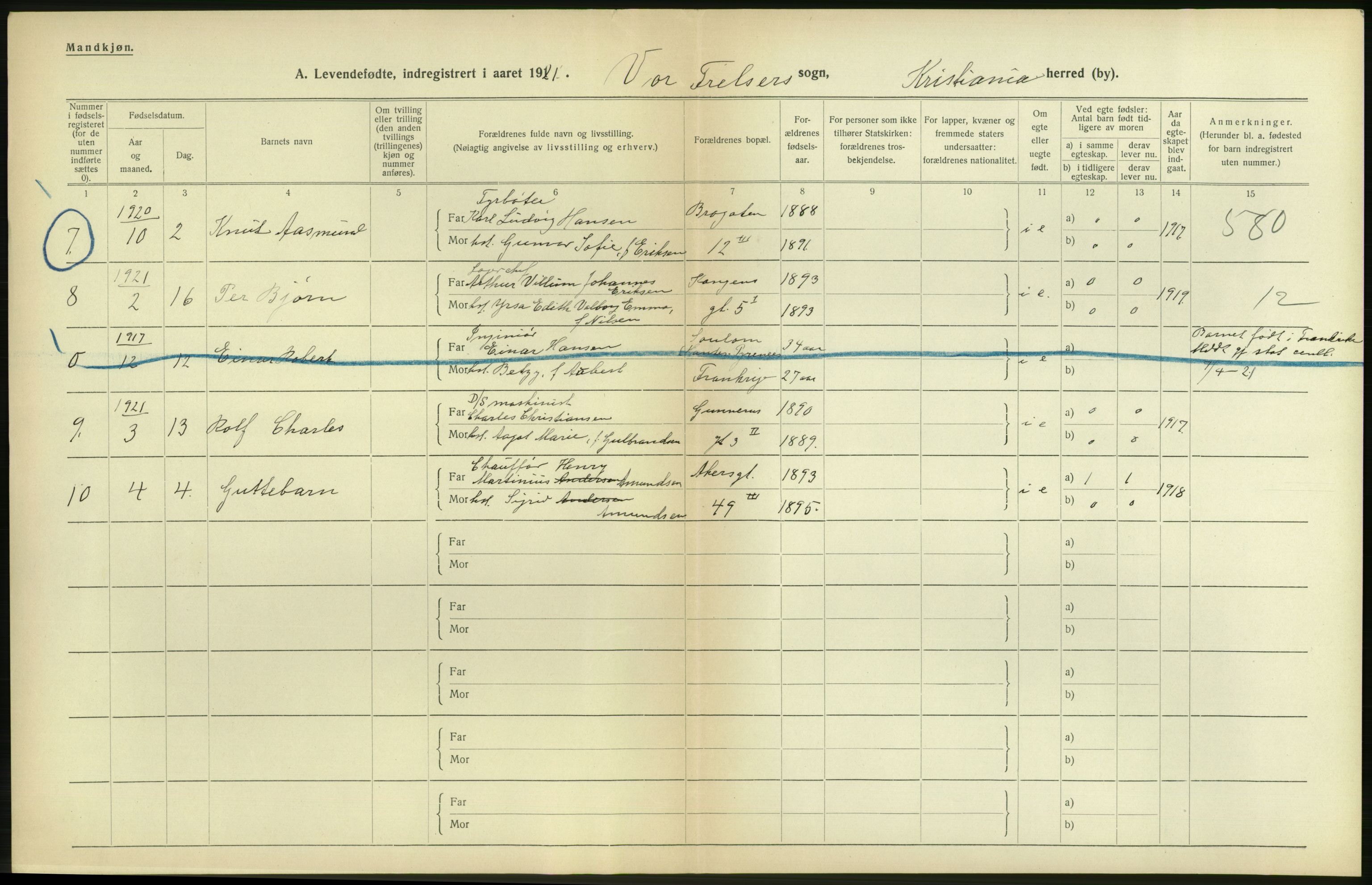 Statistisk sentralbyrå, Sosiodemografiske emner, Befolkning, RA/S-2228/D/Df/Dfc/Dfca/L0009: Kristiania: Levendefødte menn og kvinner., 1921, p. 388