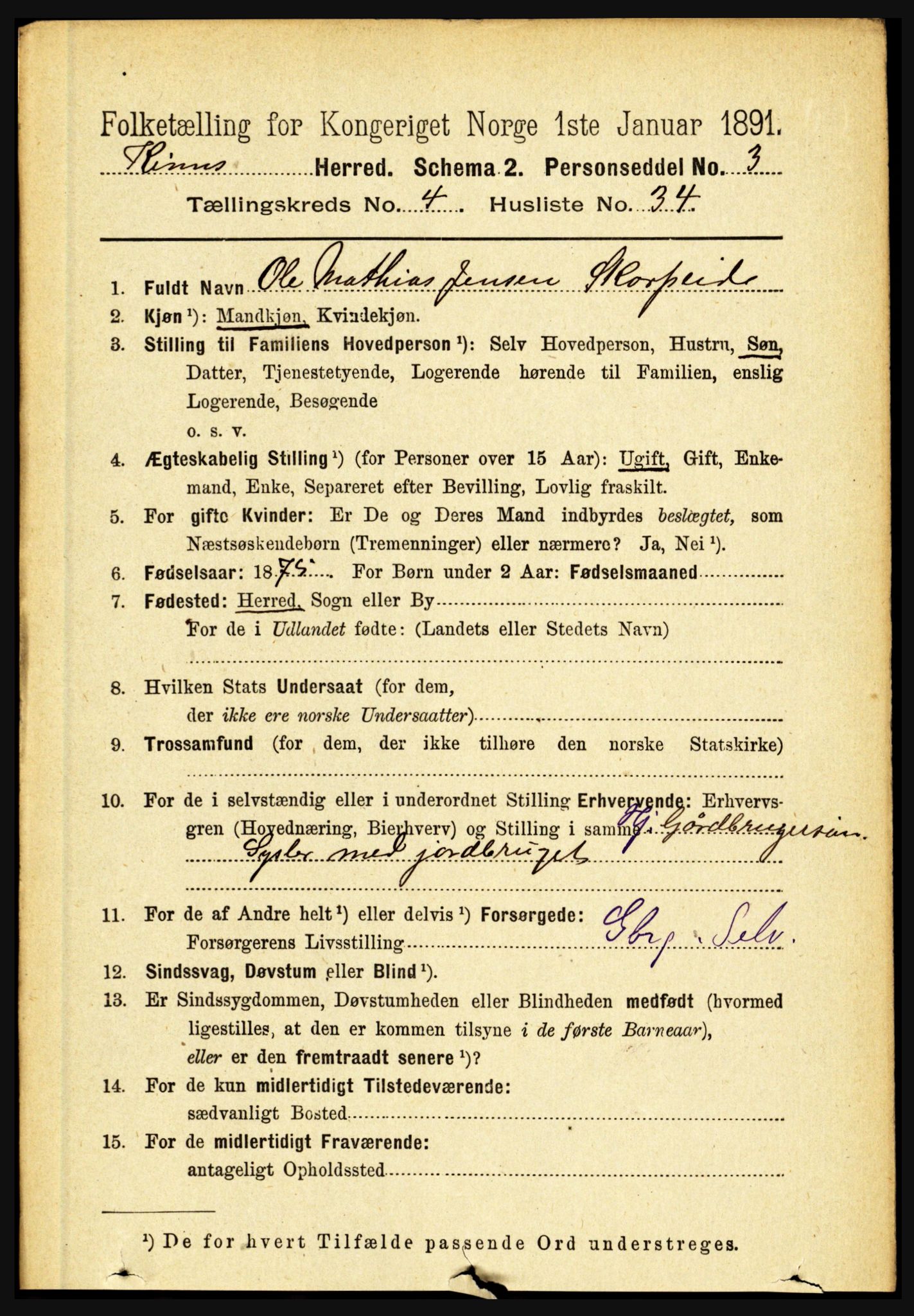 RA, 1891 census for 1437 Kinn, 1891, p. 1515