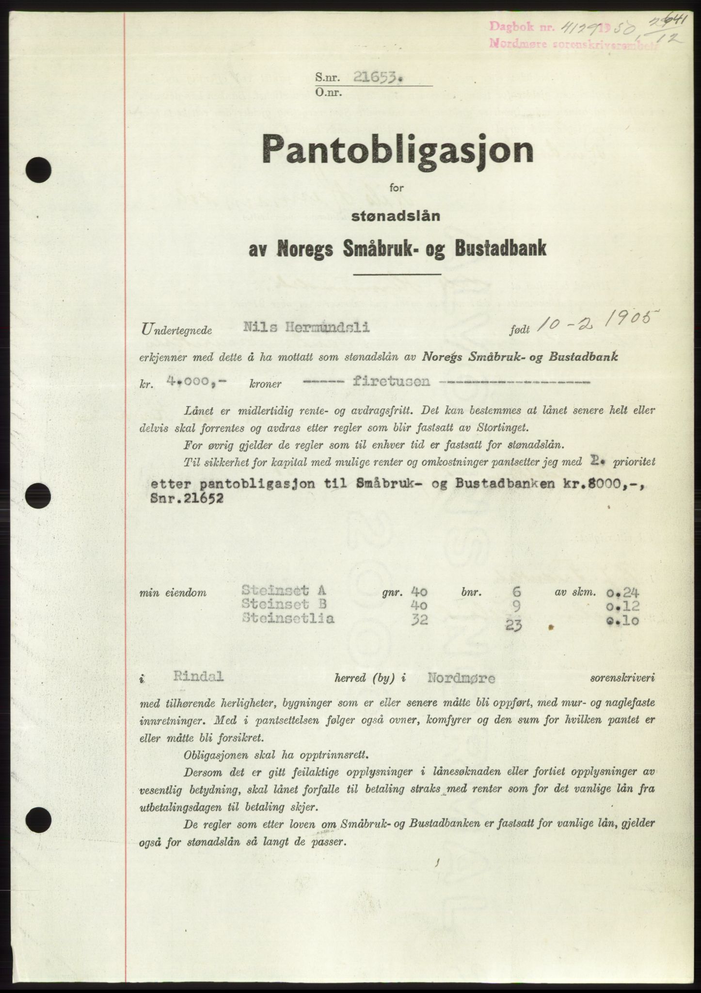 Nordmøre sorenskriveri, AV/SAT-A-4132/1/2/2Ca: Mortgage book no. B106, 1950-1950, Diary no: : 4129/1950