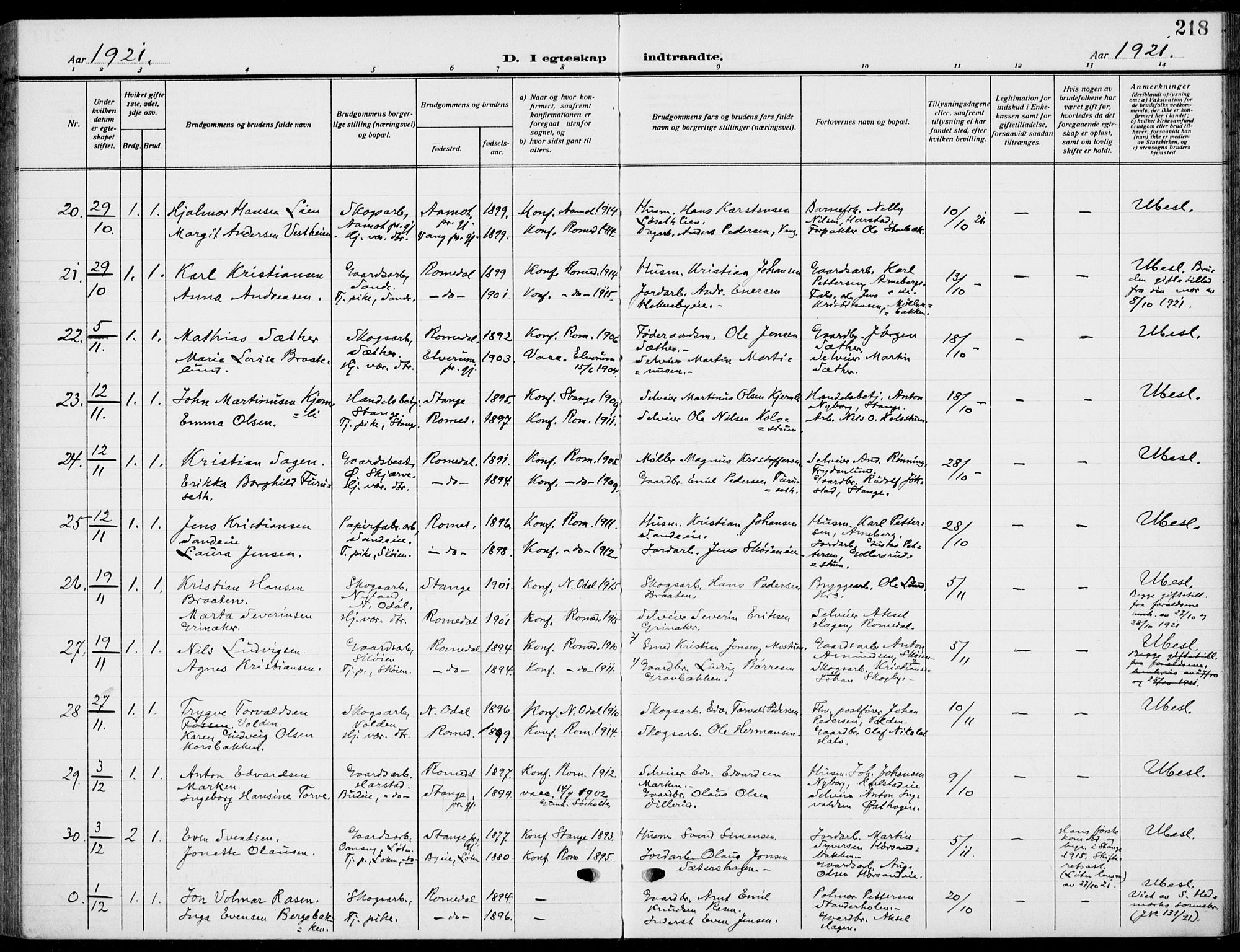 Romedal prestekontor, SAH/PREST-004/K/L0012: Parish register (official) no. 12, 1913-1935, p. 218