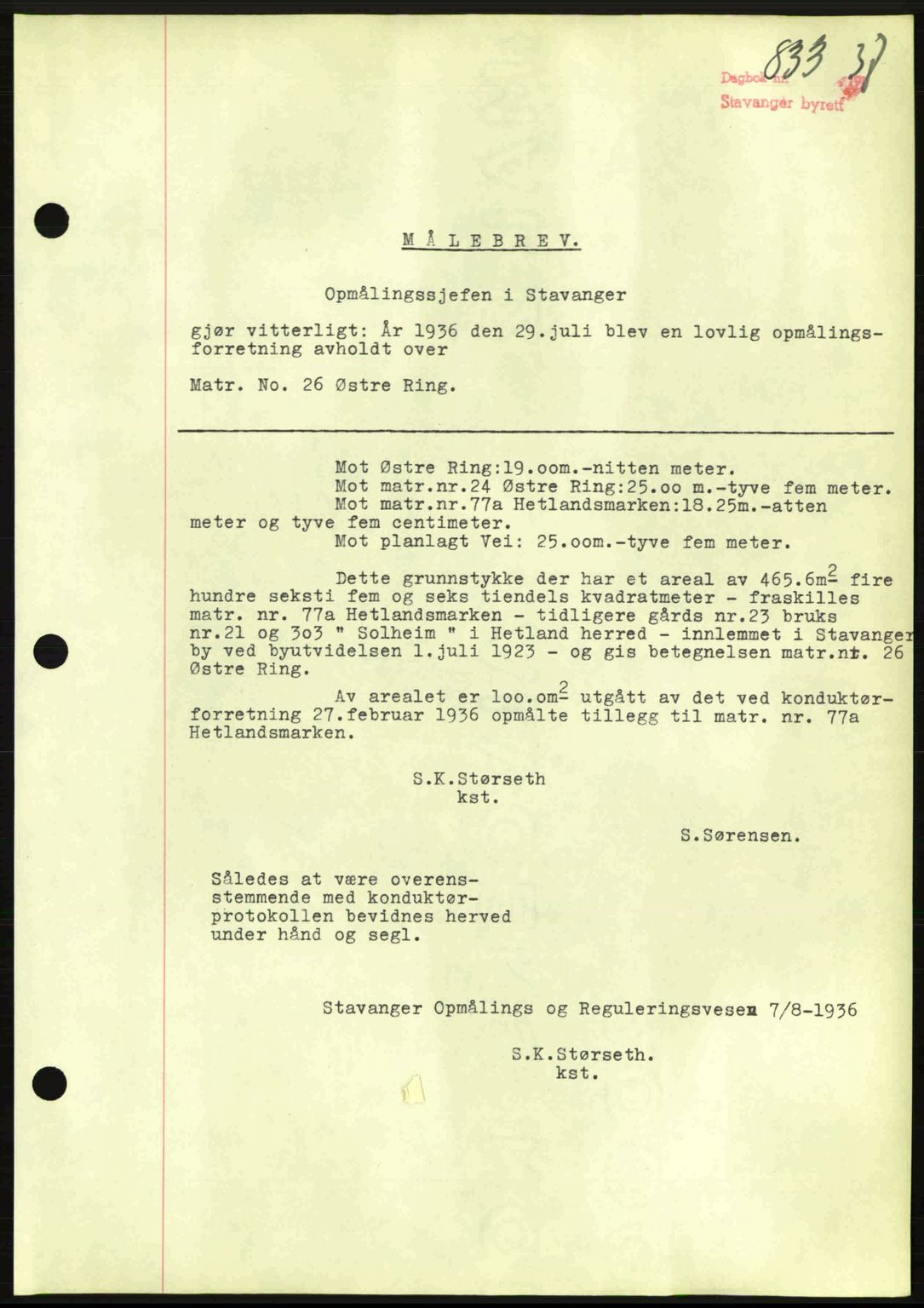 Stavanger byrett, SAST/A-100455/002/G/Gb/L0012: Mortgage book no. A2, 1936-1937, Diary no: : 833/1937