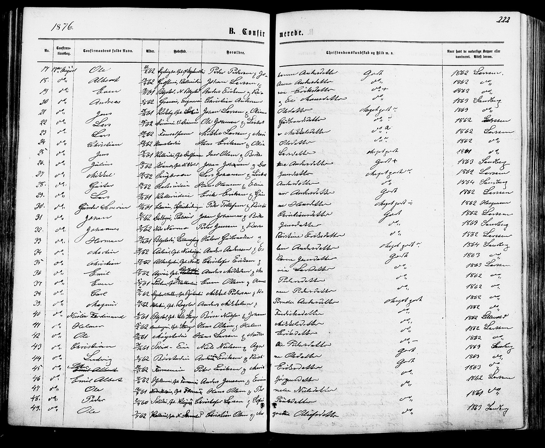 Vang prestekontor, Hedmark, AV/SAH-PREST-008/H/Ha/Haa/L0015: Parish register (official) no. 15, 1871-1885, p. 222