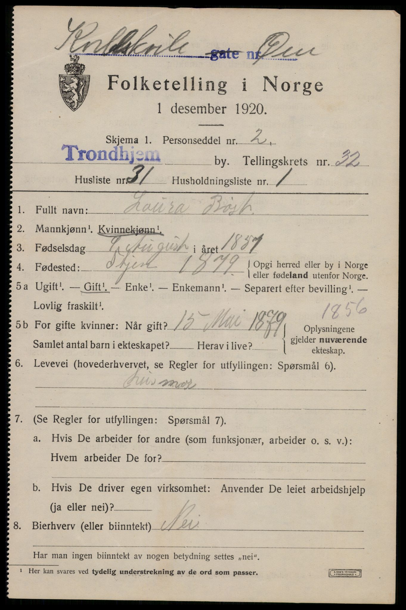 SAT, 1920 census for Trondheim, 1920, p. 78022