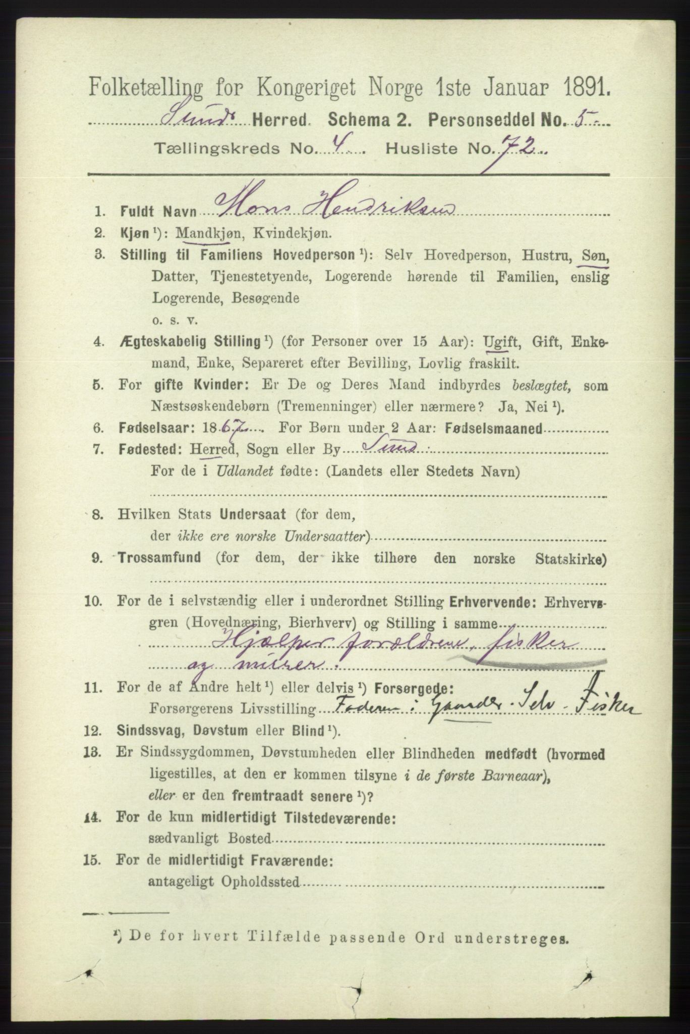 RA, 1891 census for 1245 Sund, 1891, p. 2317