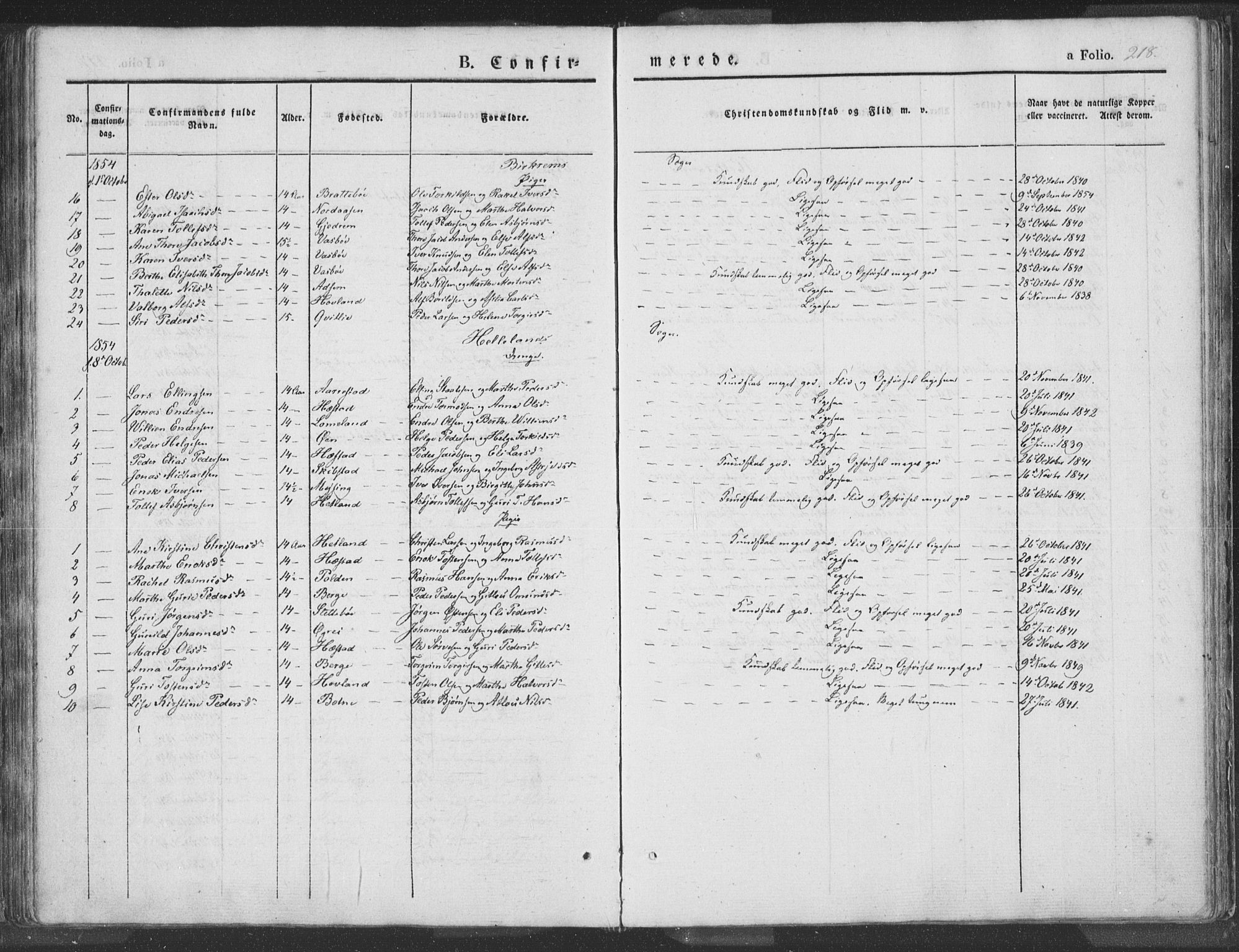 Helleland sokneprestkontor, SAST/A-101810: Parish register (official) no. A 6.1, 1834-1863, p. 218