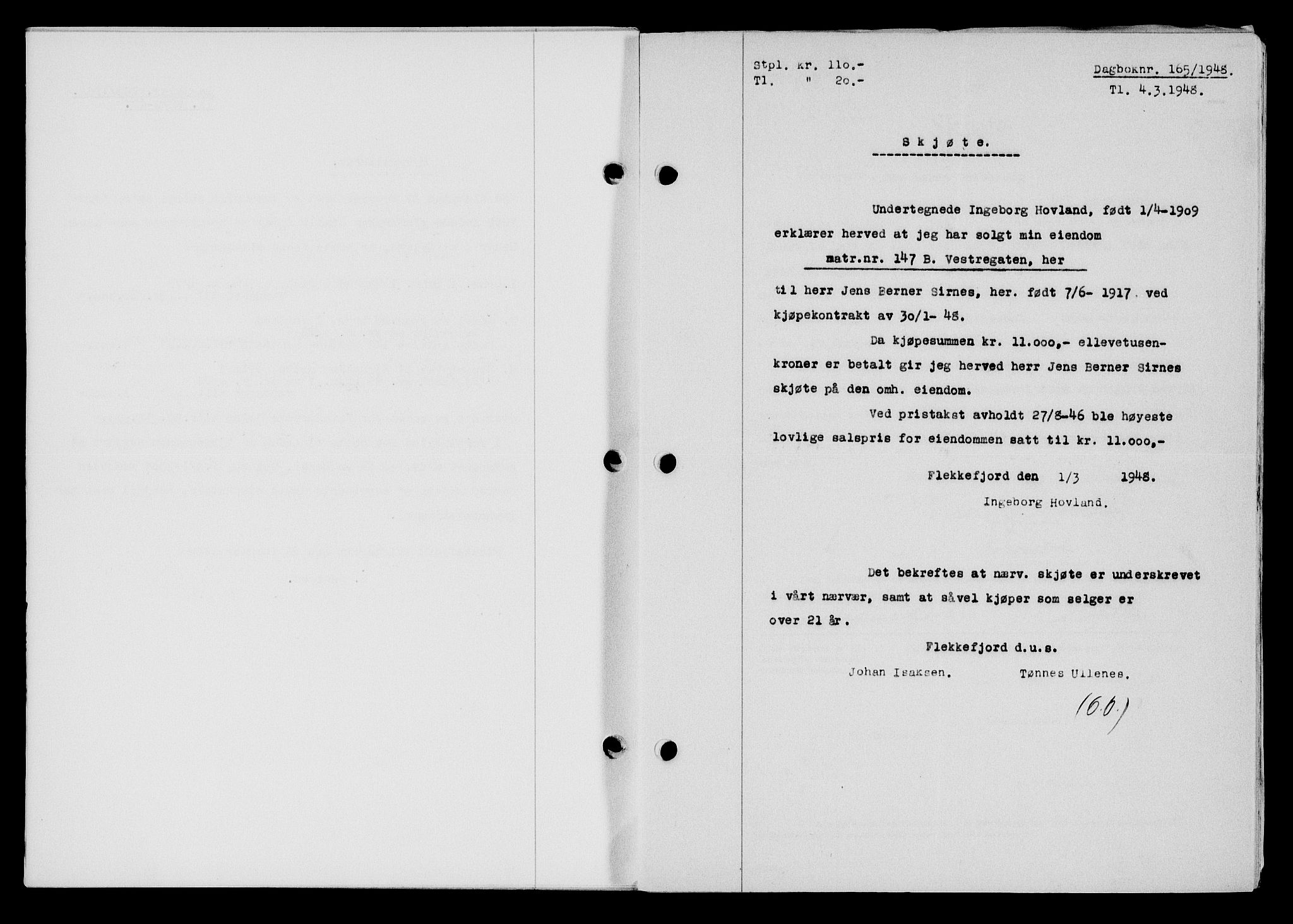 Flekkefjord sorenskriveri, SAK/1221-0001/G/Gb/Gba/L0063: Mortgage book no. A-11, 1947-1948, Diary no: : 165/1948