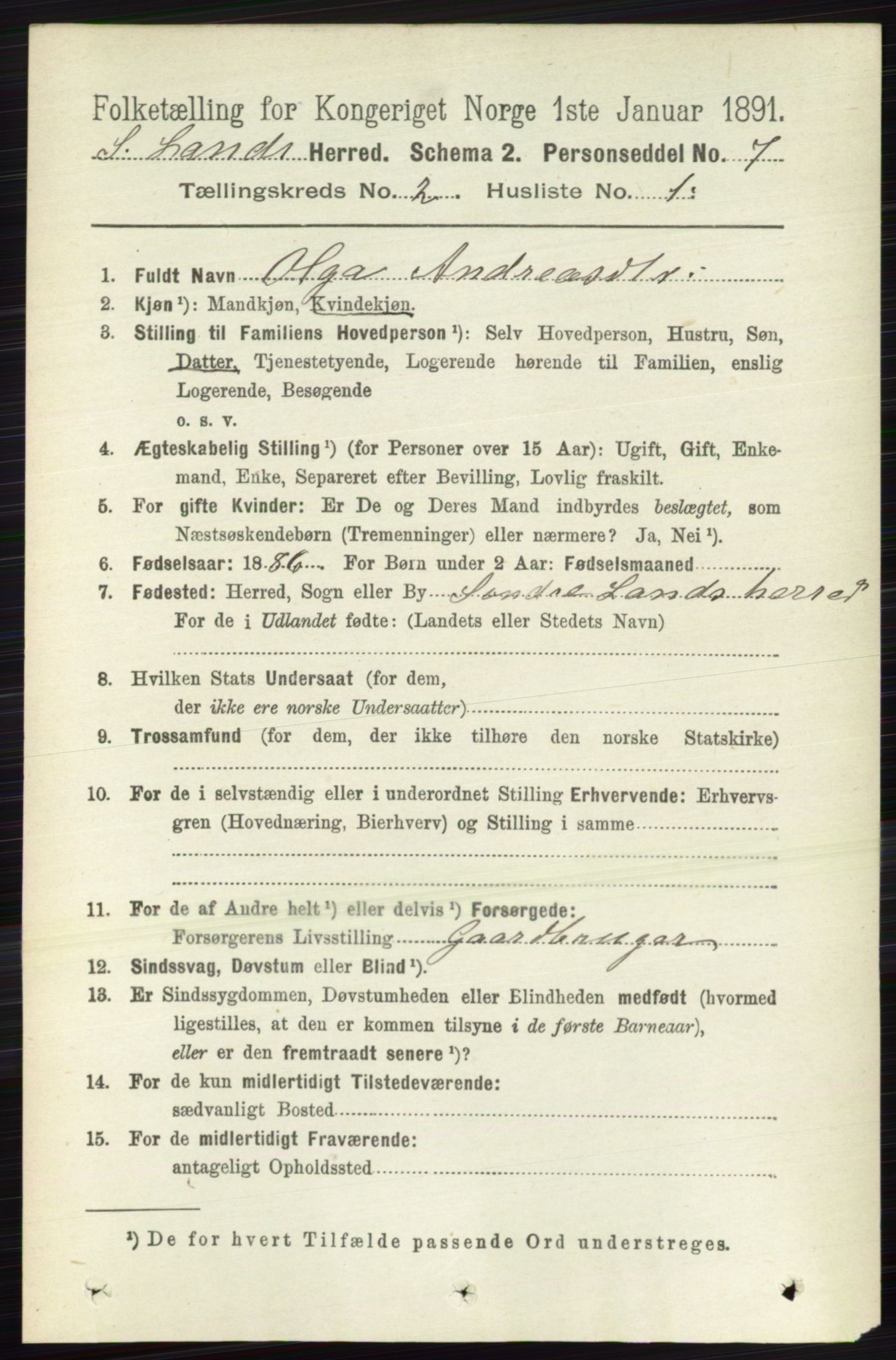 RA, 1891 census for 0536 Søndre Land, 1891, p. 1034