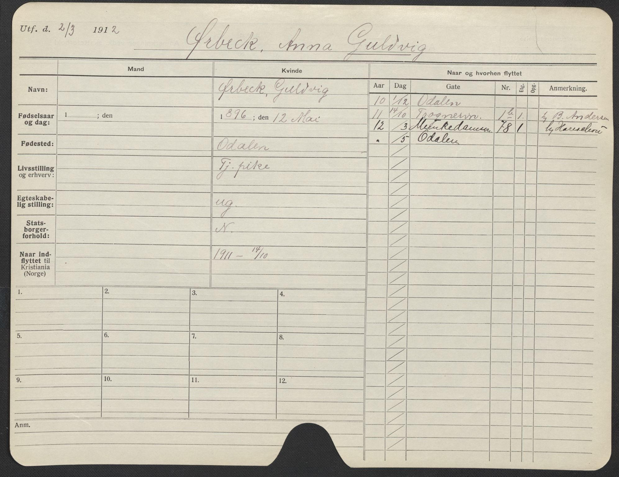 Oslo folkeregister, Registerkort, AV/SAO-A-11715/F/Fa/Fac/L0025: Kvinner, 1906-1914, p. 1052a