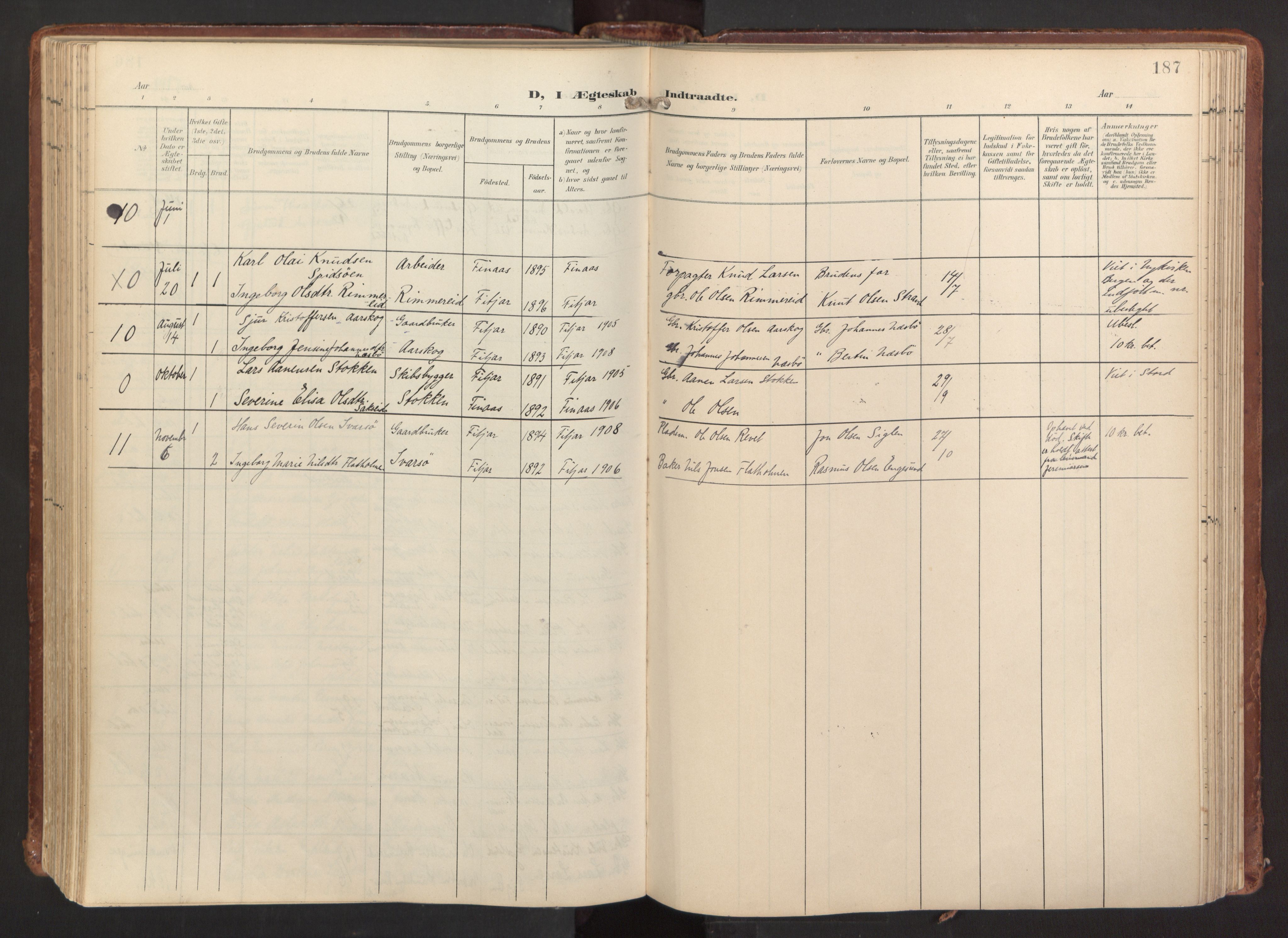 Fitjar sokneprestembete, AV/SAB-A-99926: Parish register (official) no. A 3, 1900-1918, p. 187