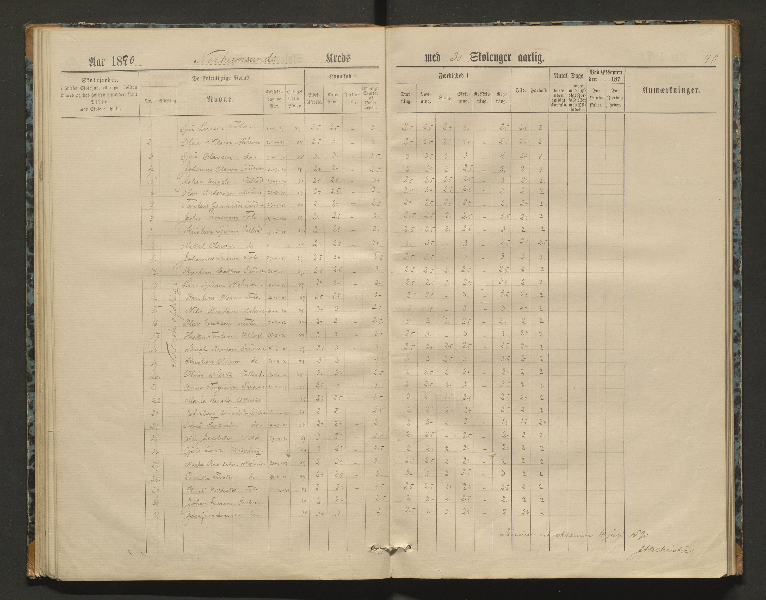 Kvam herad. Barneskulane, IKAH/1238-231/F/Fa/L0002: Skuleprotokoll for Norheimsund krins, 1878-1891, p. 39