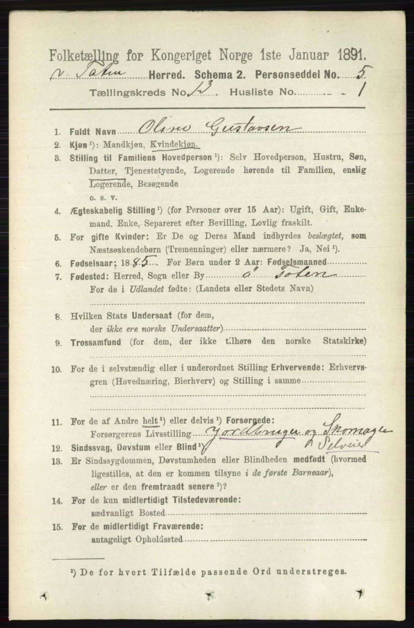 RA, 1891 census for 0529 Vestre Toten, 1891, p. 7818