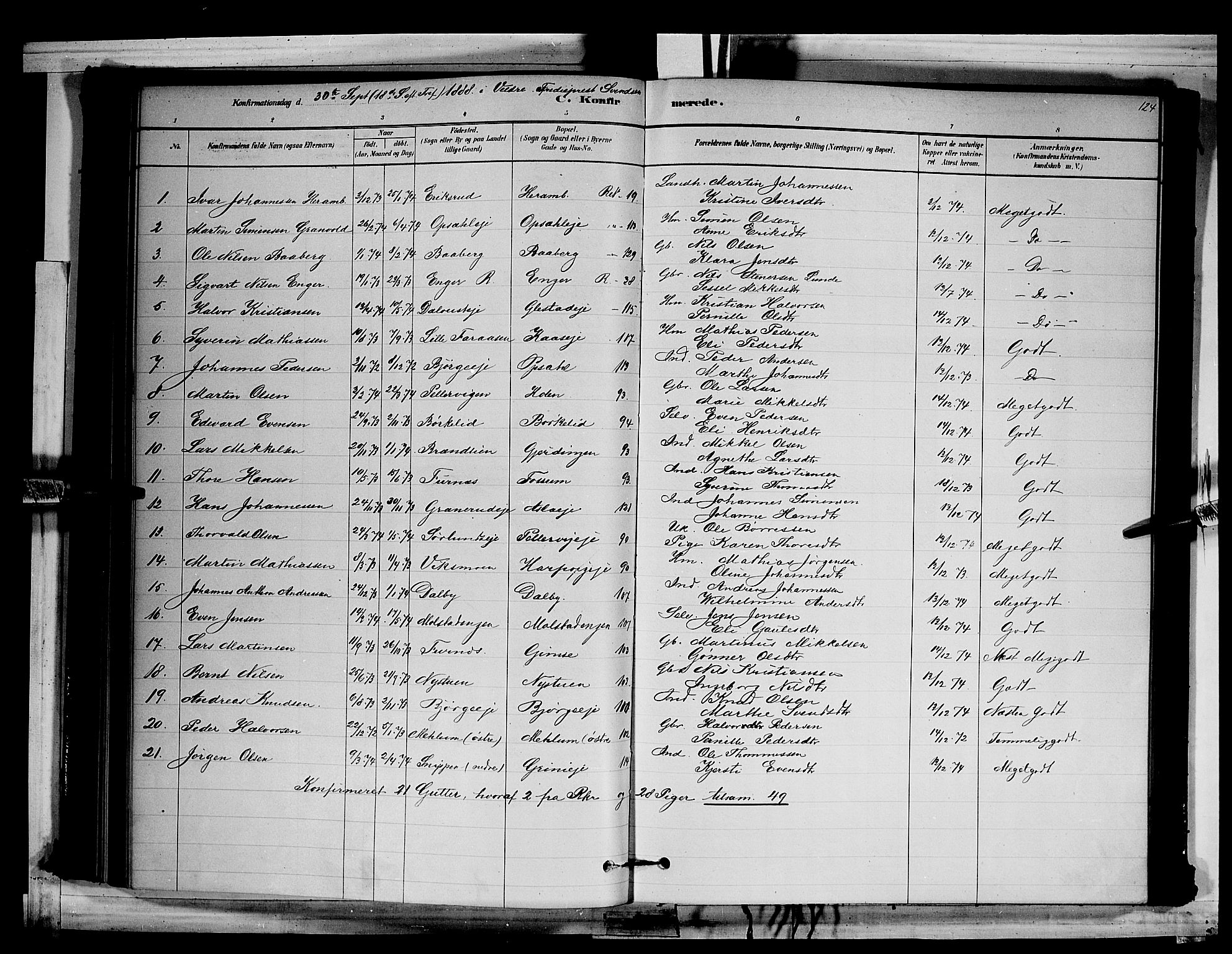 Ringsaker prestekontor, SAH/PREST-014/L/La/L0011: Parish register (copy) no. 11, 1879-1890, p. 124