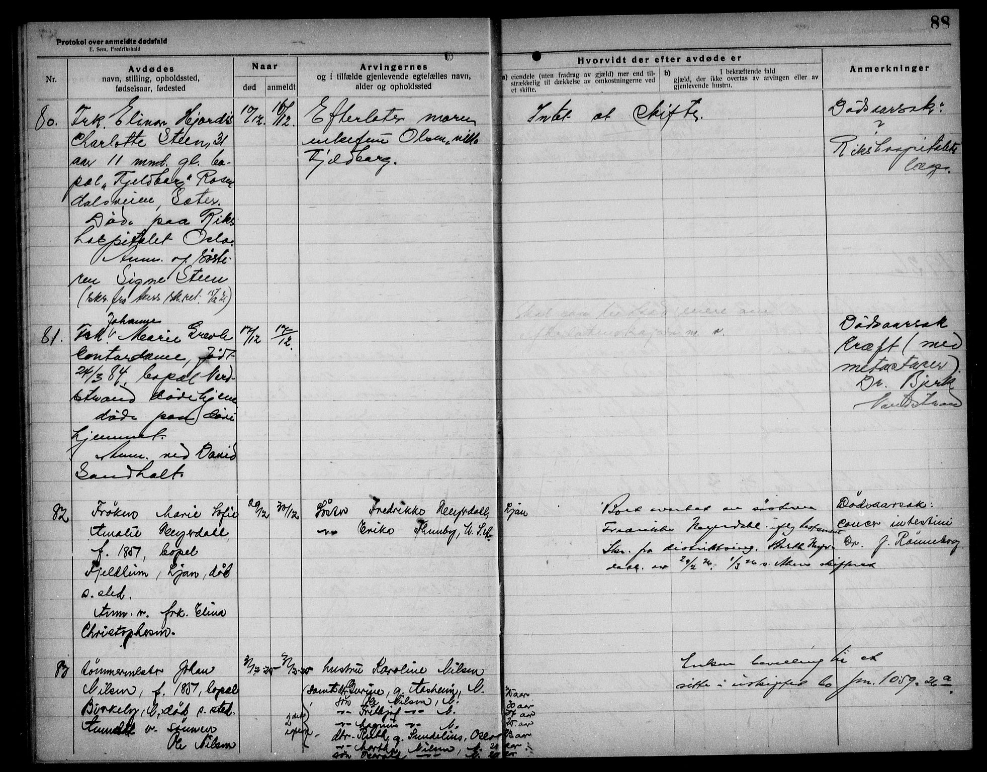 Aker kriminaldommer, skifte- og auksjonsforvalterembete, AV/SAO-A-10452/H/Hb/Hba/Hbad/L0001: Dødsfallsprotokoll for Nordstrand, 1922-1929, p. 88