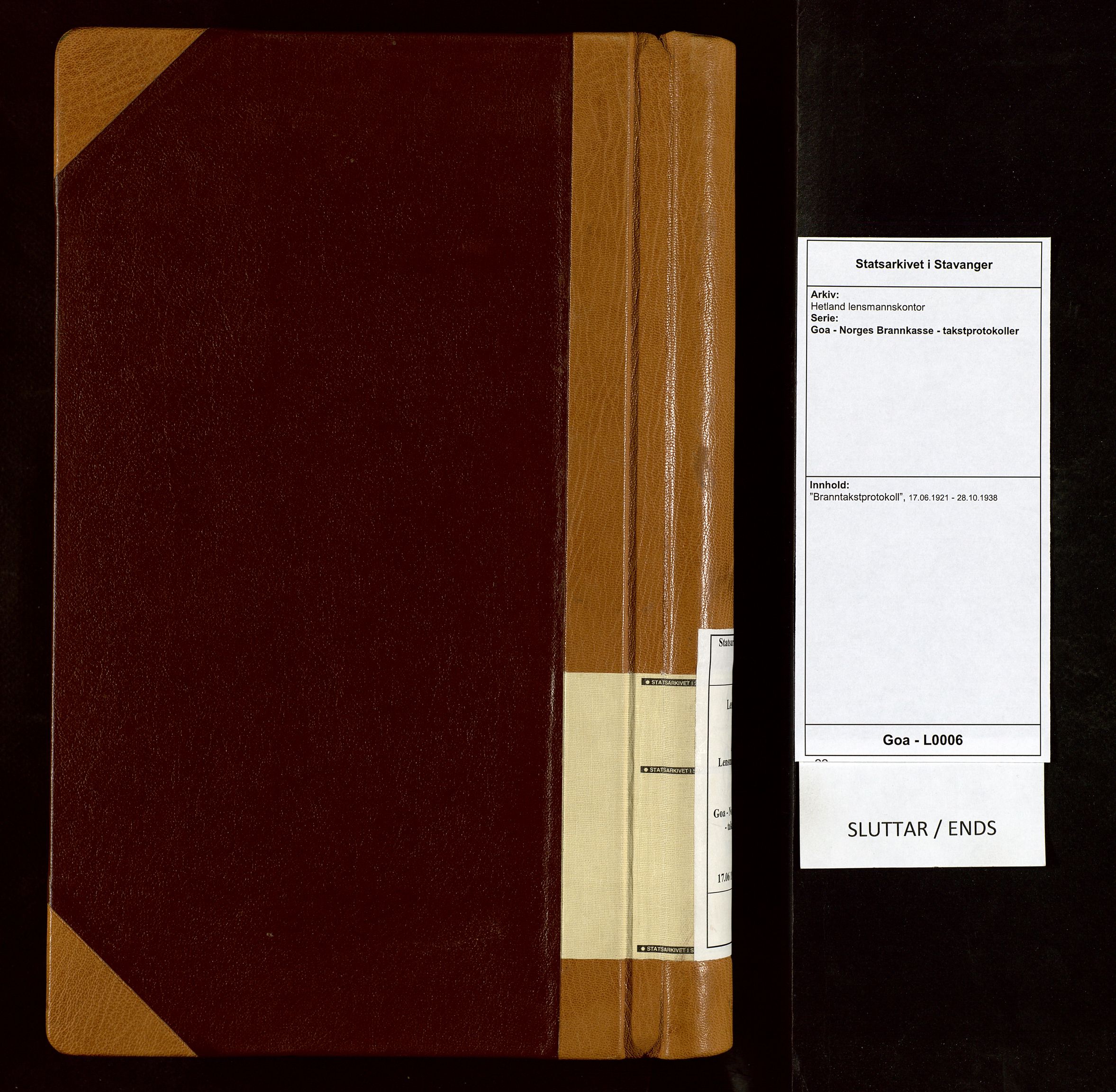 Hetland lensmannskontor, SAST/A-100101/Goa/L0006: "Branntakstprotokoll", 1921-1938