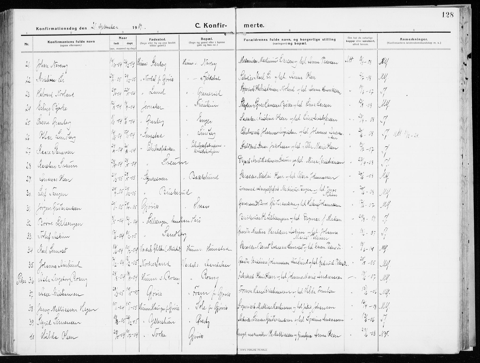 Vardal prestekontor, AV/SAH-PREST-100/H/Ha/Haa/L0017: Parish register (official) no. 17, 1915-1929, p. 128