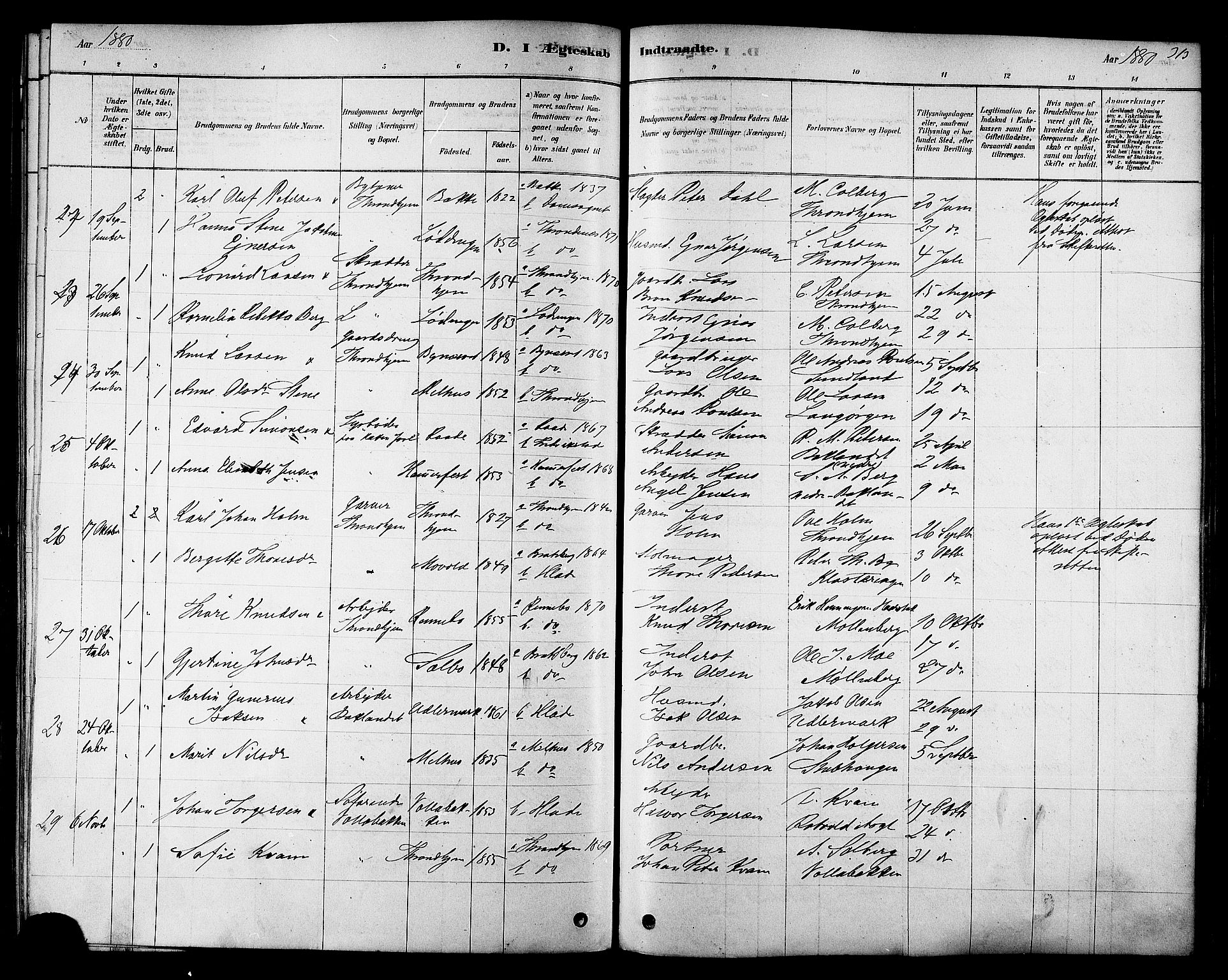 Ministerialprotokoller, klokkerbøker og fødselsregistre - Sør-Trøndelag, SAT/A-1456/606/L0294: Parish register (official) no. 606A09, 1878-1886, p. 313