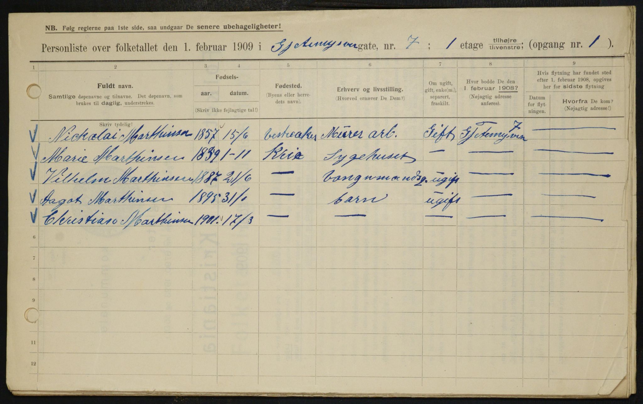 OBA, Municipal Census 1909 for Kristiania, 1909, p. 26135