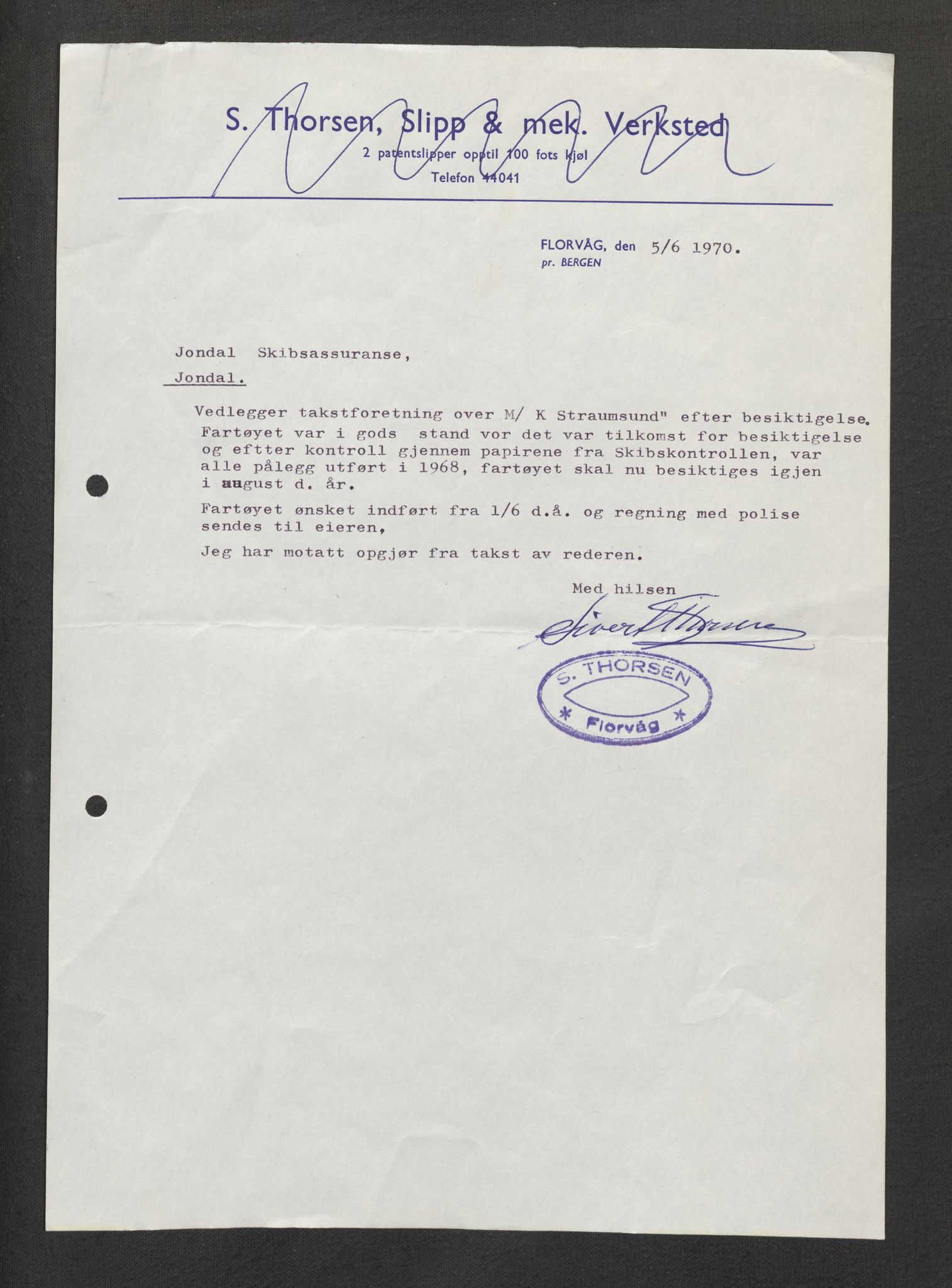 Jondal Skipsassuranseforening, AV/SAB-SAB/PA-0276/E/L0132: Korrespondanse , 1970-1977