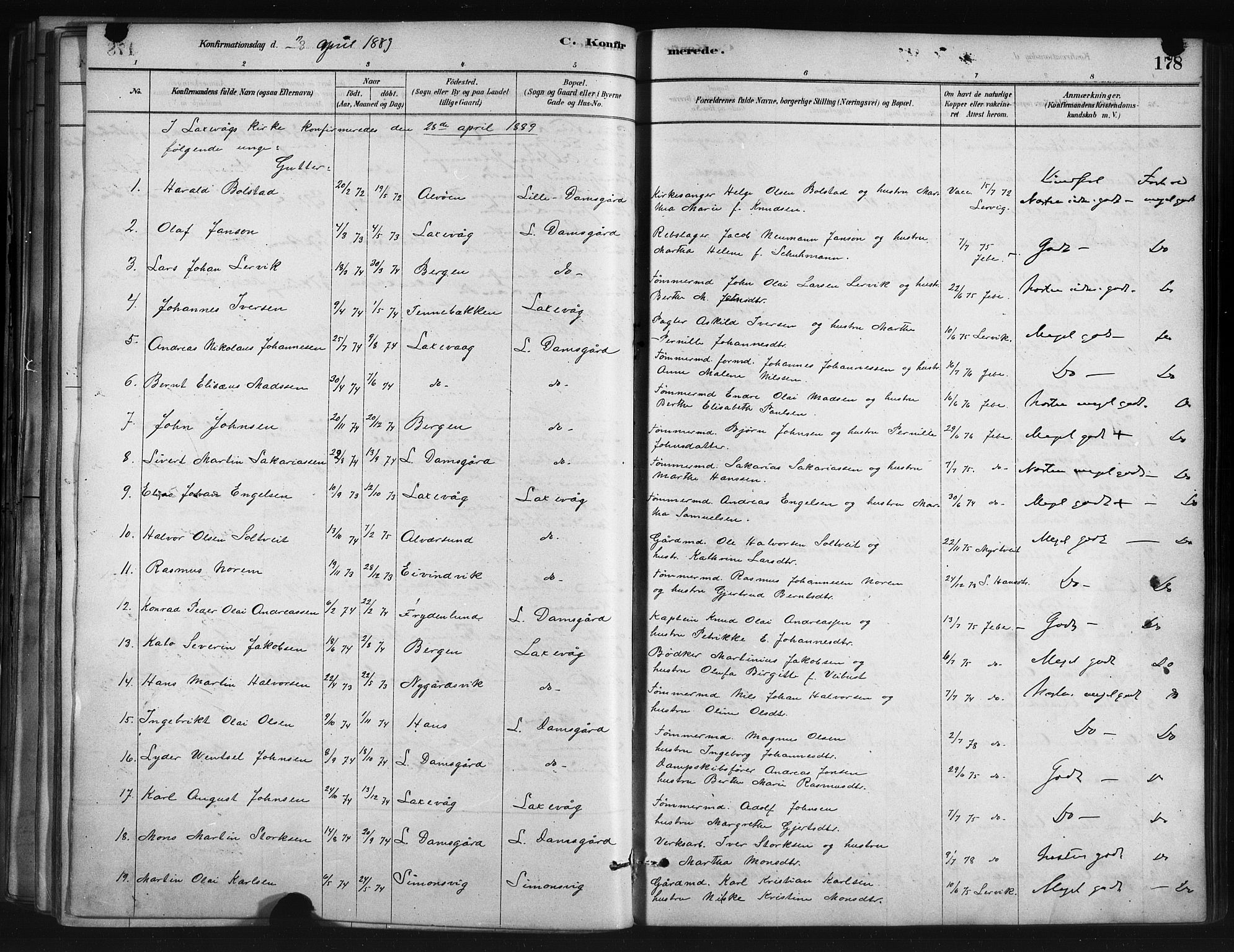 Askøy Sokneprestembete, SAB/A-74101/H/Ha/Haa/Haae/L0002: Parish register (official) no. E 2, 1878-1891, p. 178