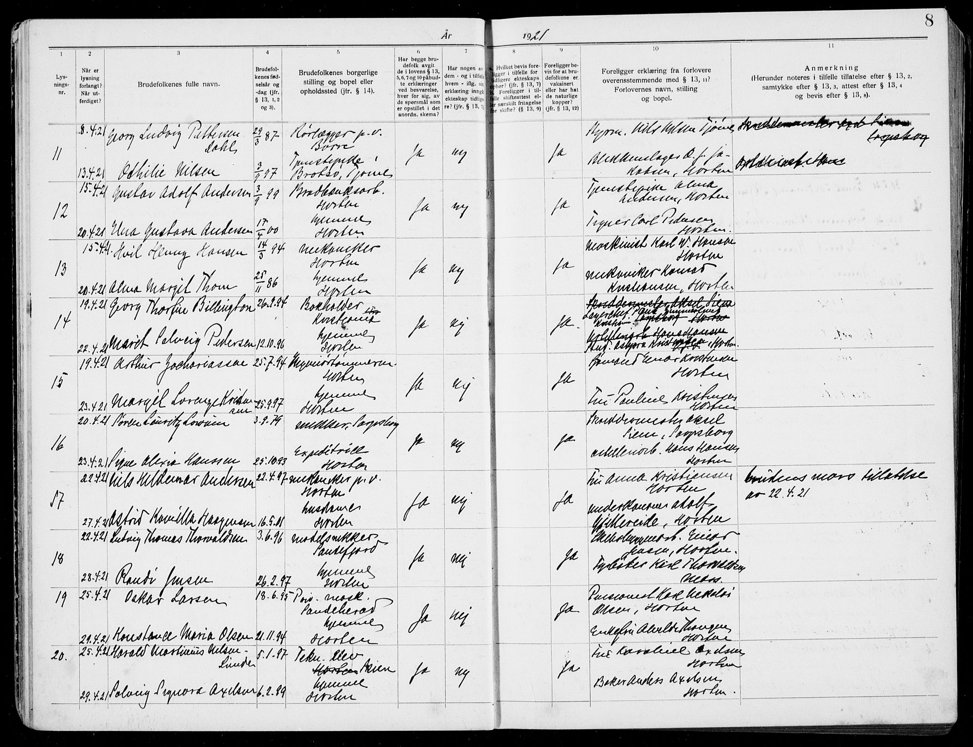 Horten kirkebøker, AV/SAKO-A-348/H/Ha/L0006: Banns register no. 6, 1920-1934, p. 8