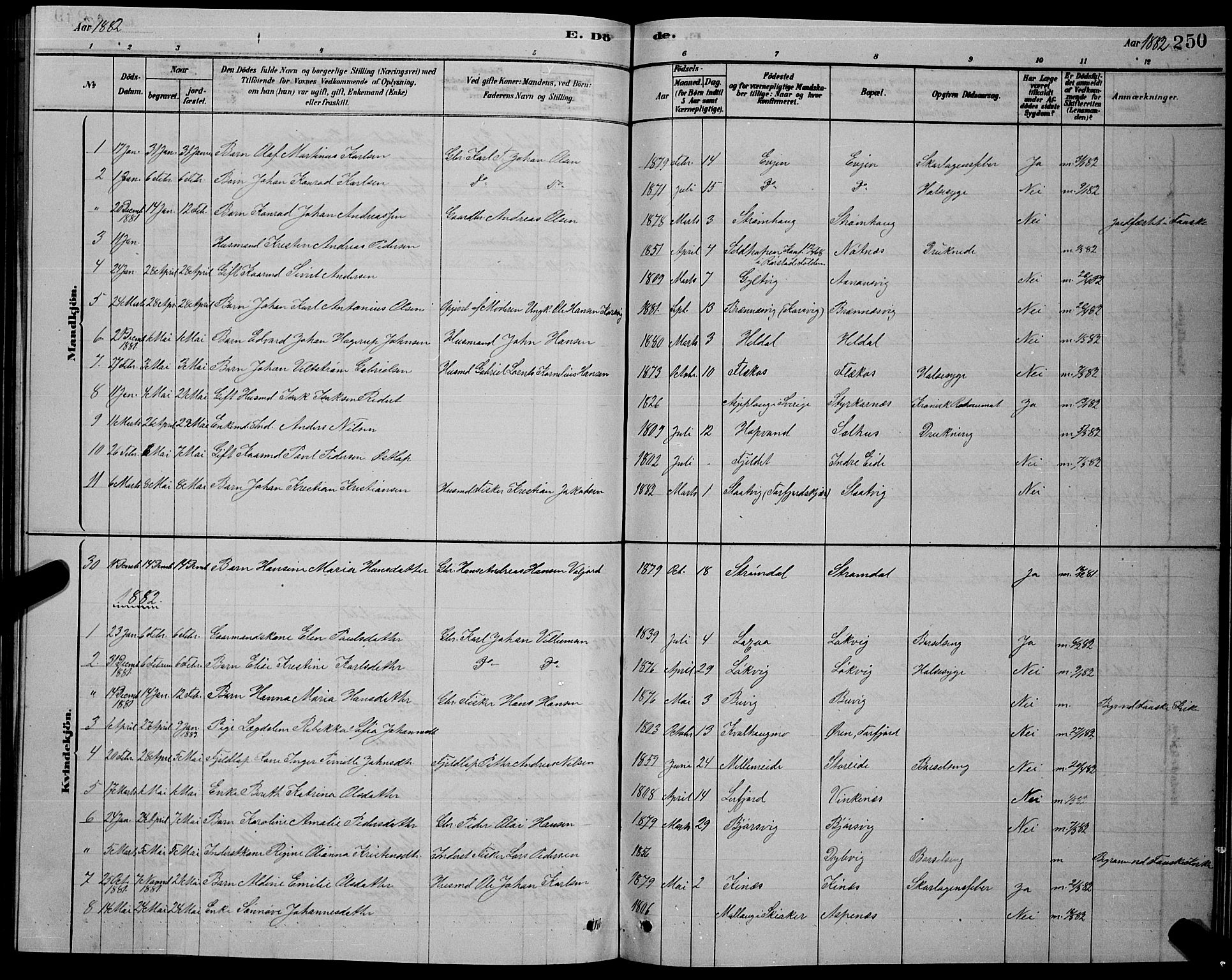 Ministerialprotokoller, klokkerbøker og fødselsregistre - Nordland, SAT/A-1459/853/L0776: Parish register (copy) no. 853C04, 1878-1889, p. 250